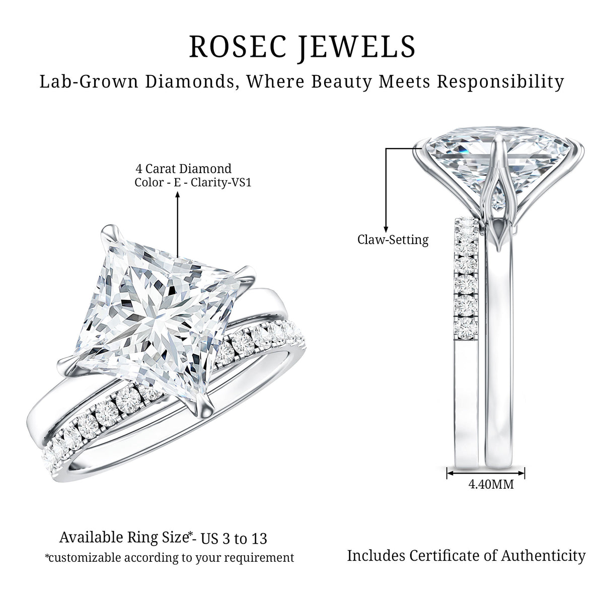 Rosec Jewels-IGI Certified 4 Carat Lab Grown Diamond Princess Cut Wedding Ring Set for Her