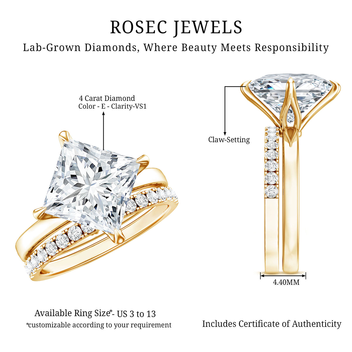 Rosec Jewels-IGI Certified 4 Carat Lab Grown Diamond Princess Cut Wedding Ring Set for Her
