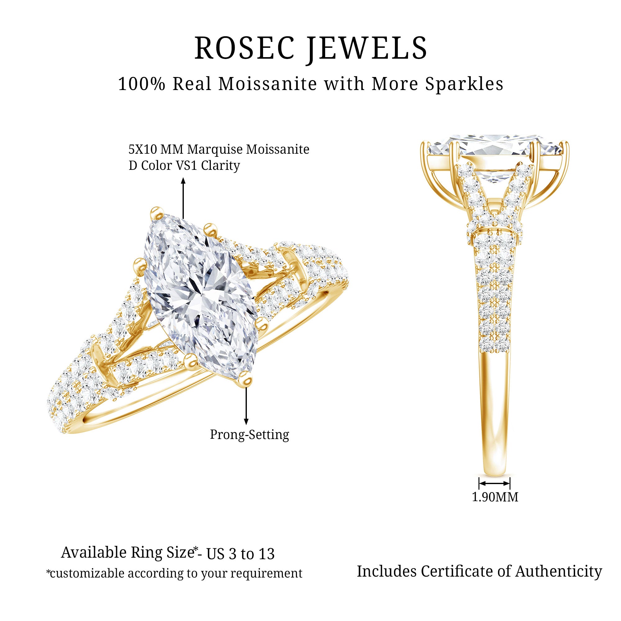 1 Carat Marquise Cut Lab Grown Diamond Split Shank Engagement Ring with IGI Certificate Lab - ( E-VS1 ) - Rosec Jewels