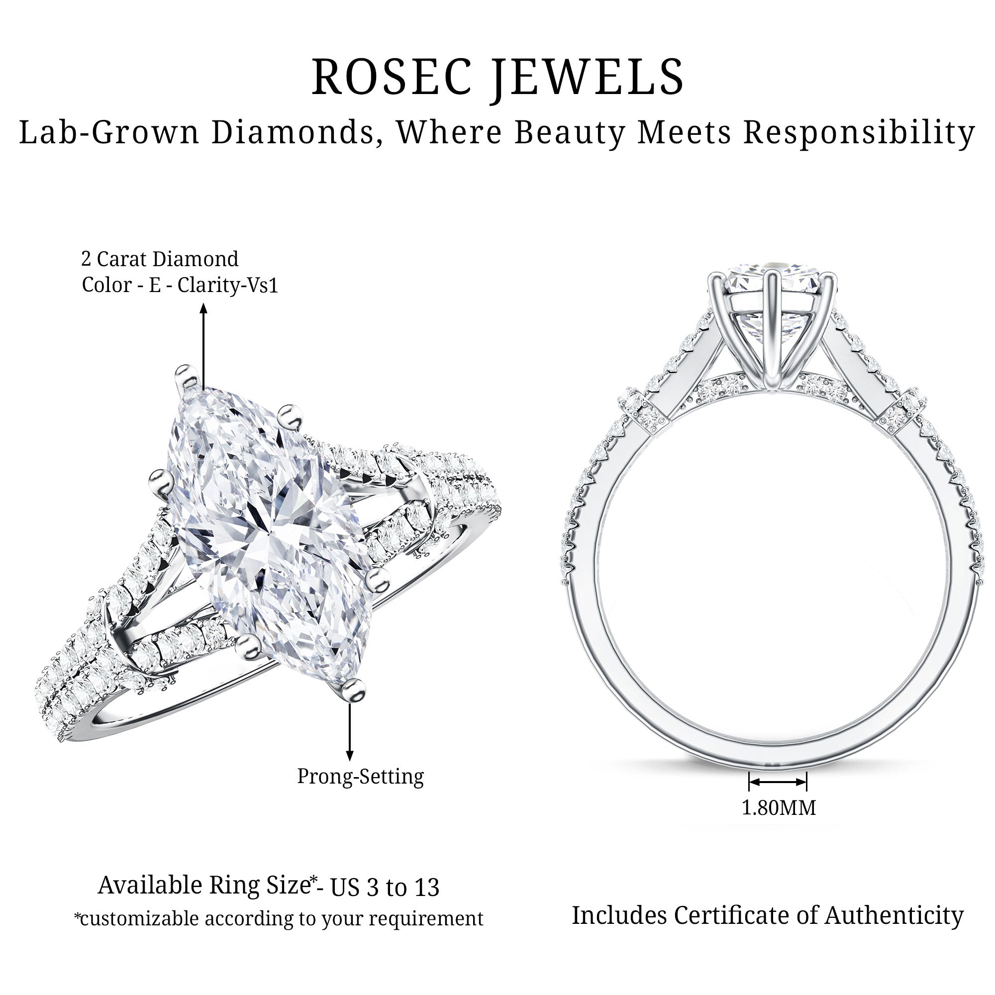 Rosec Jewels-IGI Certified 2 Carat Lab Grown Marquise Diamond Engagement Ring with Split Shank