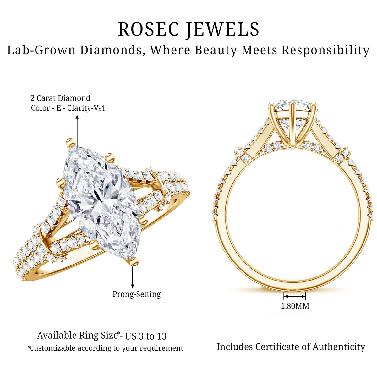IGI Certified 2 Carat Lab Grown Marquise Diamond Engagement Ring with Split Shank Lab - ( E-VS1 ) - Rosec Jewels