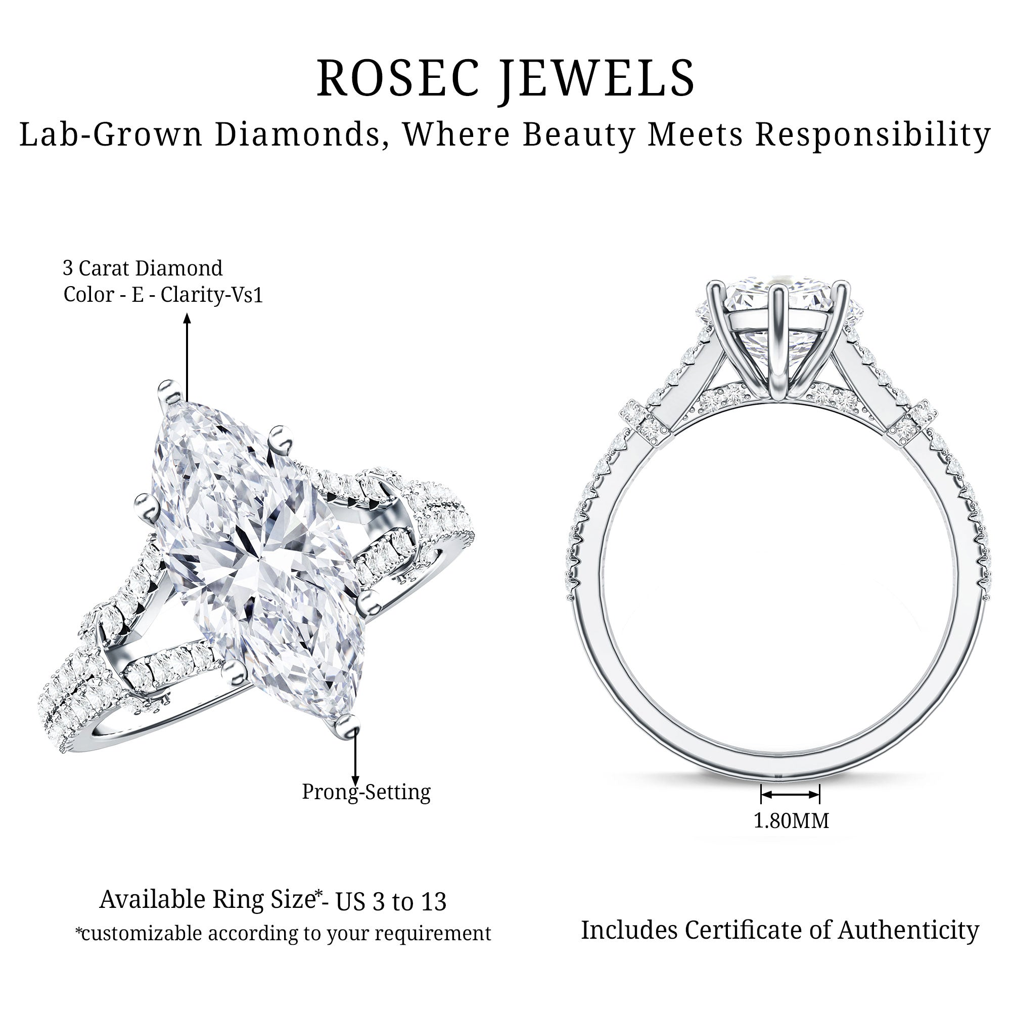 Rosec Jewels-Vintage Inspired Marquise Cut Lab Grown Diamond Split Shank Engagement Ring IGI Certified 3 Carat
