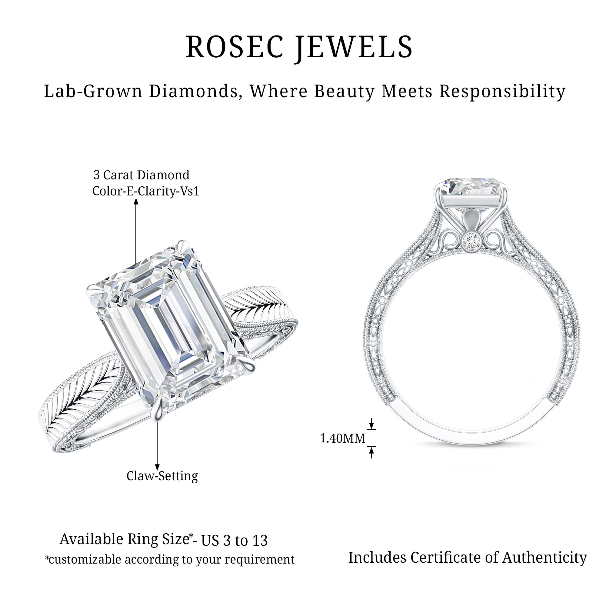 Ethically Sourced 3 Carat Lab Grown Diamond Emerald Cut Engagement Ring IGI Certified Lab - ( E-VS1 ) - Rosec Jewels