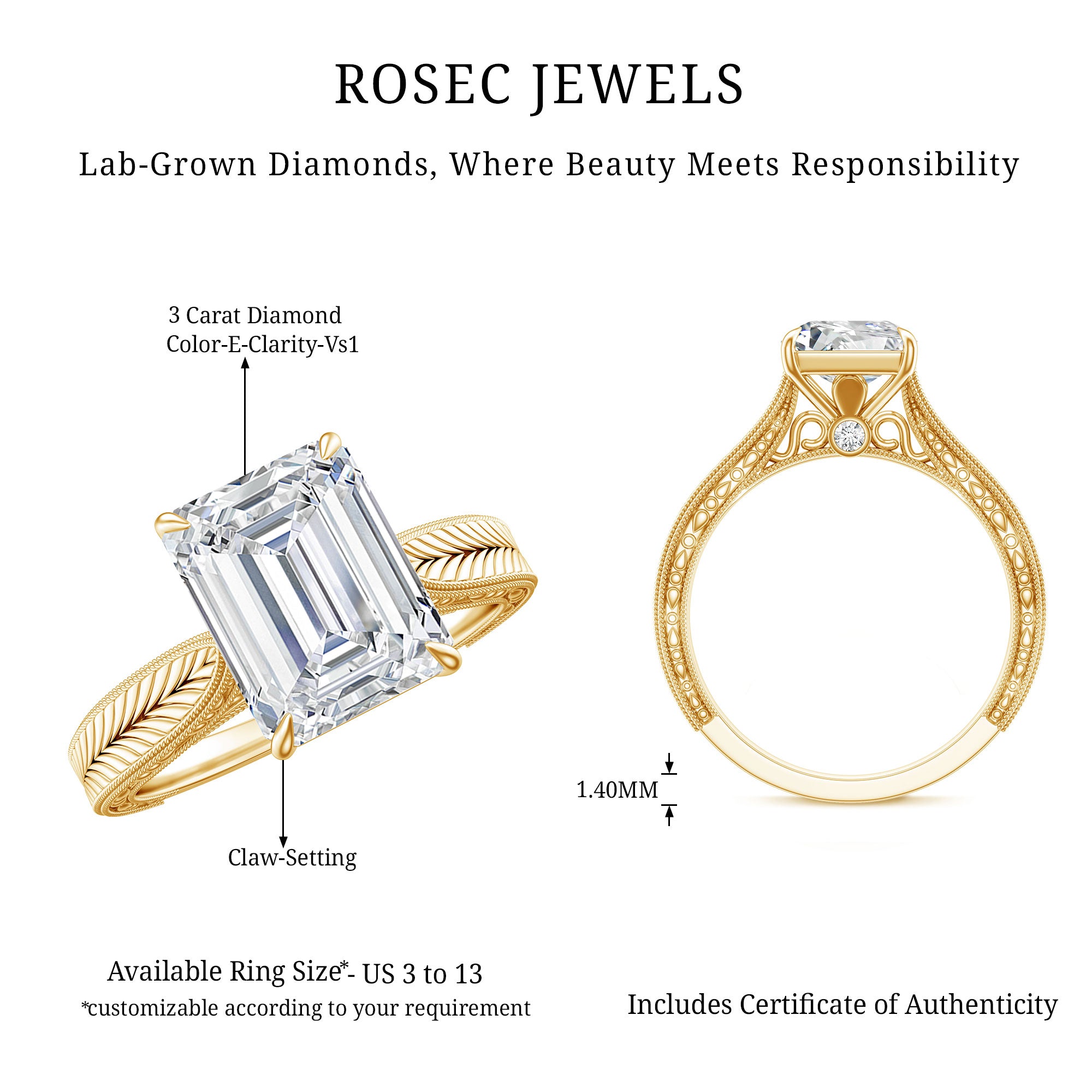 Ethically Sourced 3 Carat Lab Grown Diamond Emerald Cut Engagement Ring IGI Certified Lab - ( E-VS1 ) - Rosec Jewels