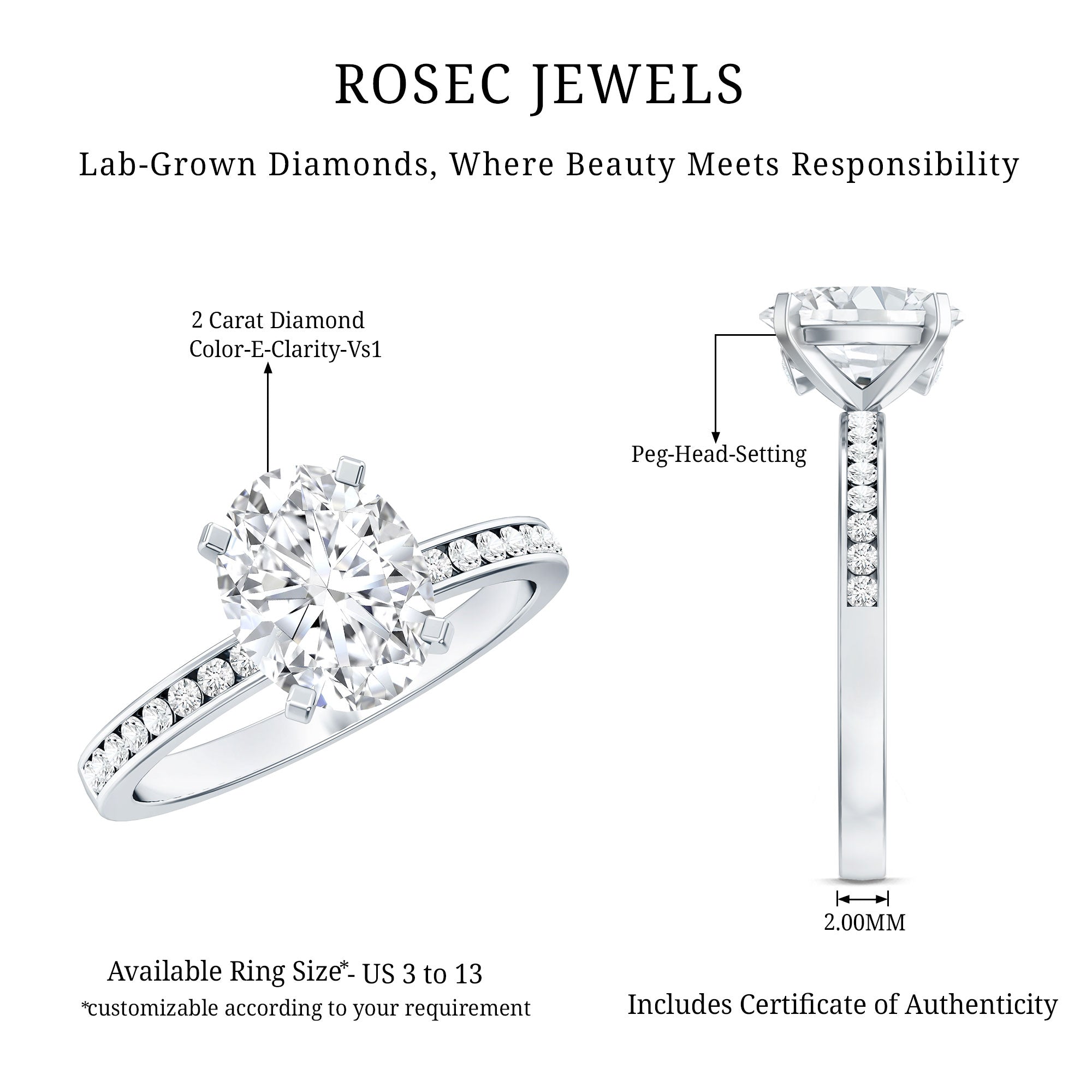IGI Certified 2 Carat Lab Grown Diamond Oval Engagement Ring With Side Stones Lab - ( E-VS1 ) - Rosec Jewels