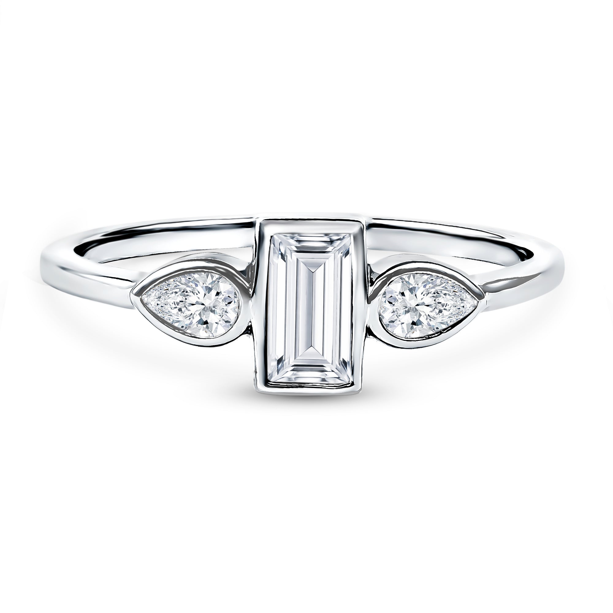 Rosec Jewels-Baguette and Pear Cut Lab Created Diamond Three Stone Engagement Ring
