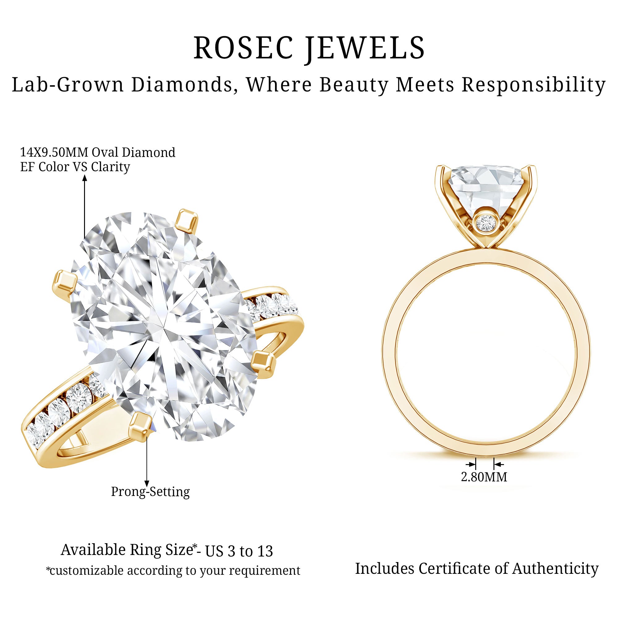 Oval Cut 5 Carat Lab Grown Diamond Big Engagement Ring with IGI Certificate Lab - ( EF-VS ) - Rosec Jewels