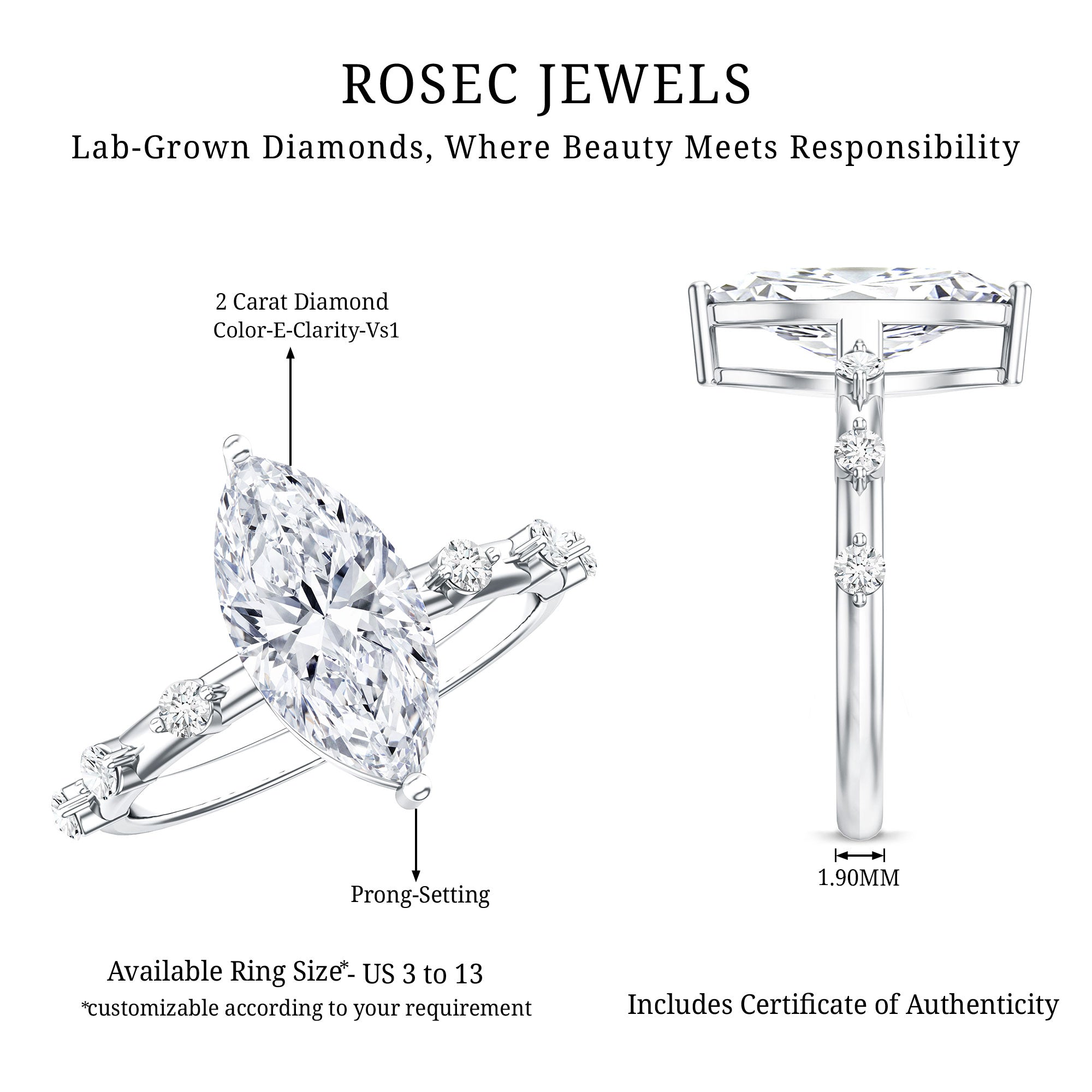 Solitaire 2 Carat Lab Created Diamond Marquise Engagement Ring IGI Certified Lab - ( E-VS1 ) - Rosec Jewels