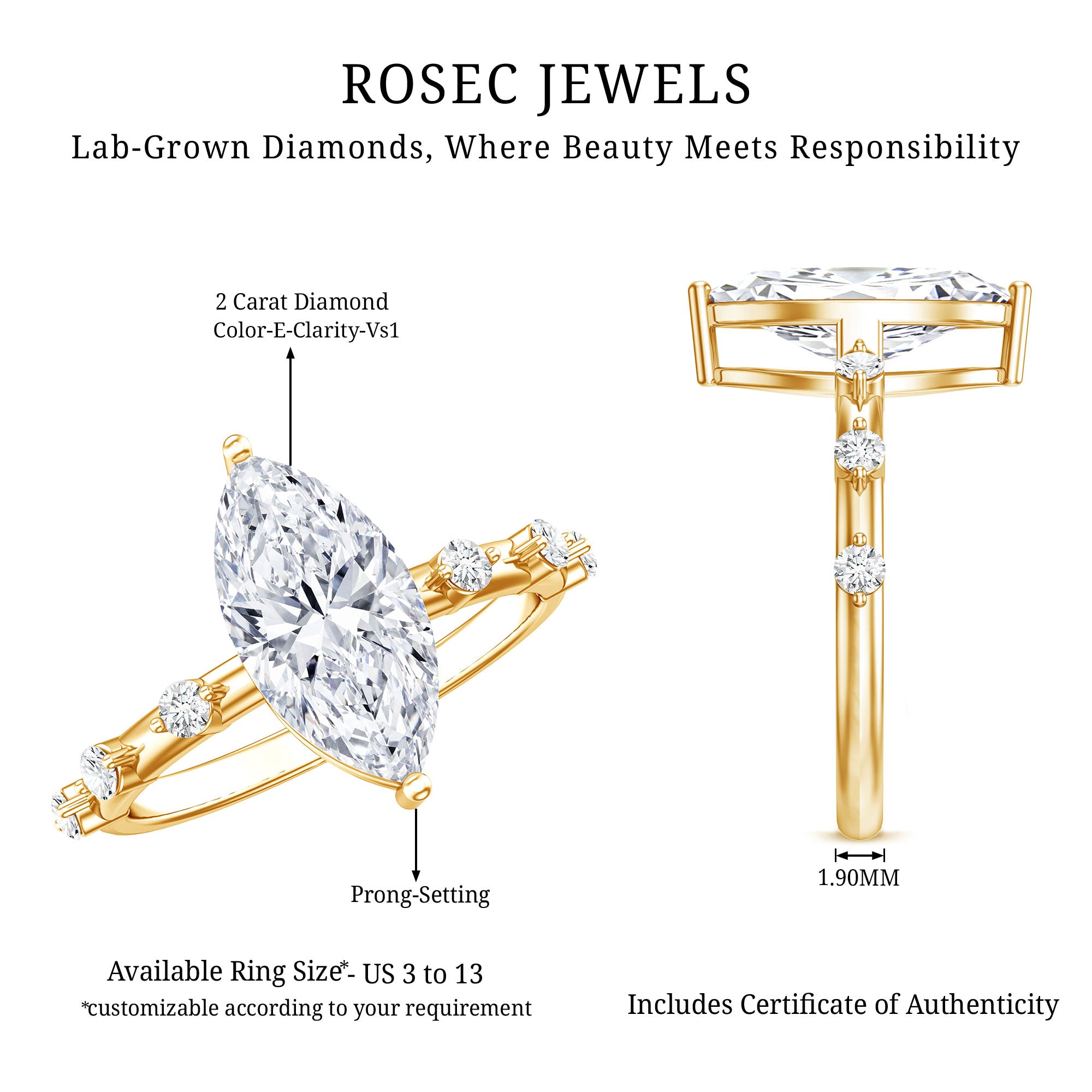 Solitaire 2 Carat Lab Created Diamond Marquise Engagement Ring IGI Certified Lab - ( E-VS1 ) - Rosec Jewels