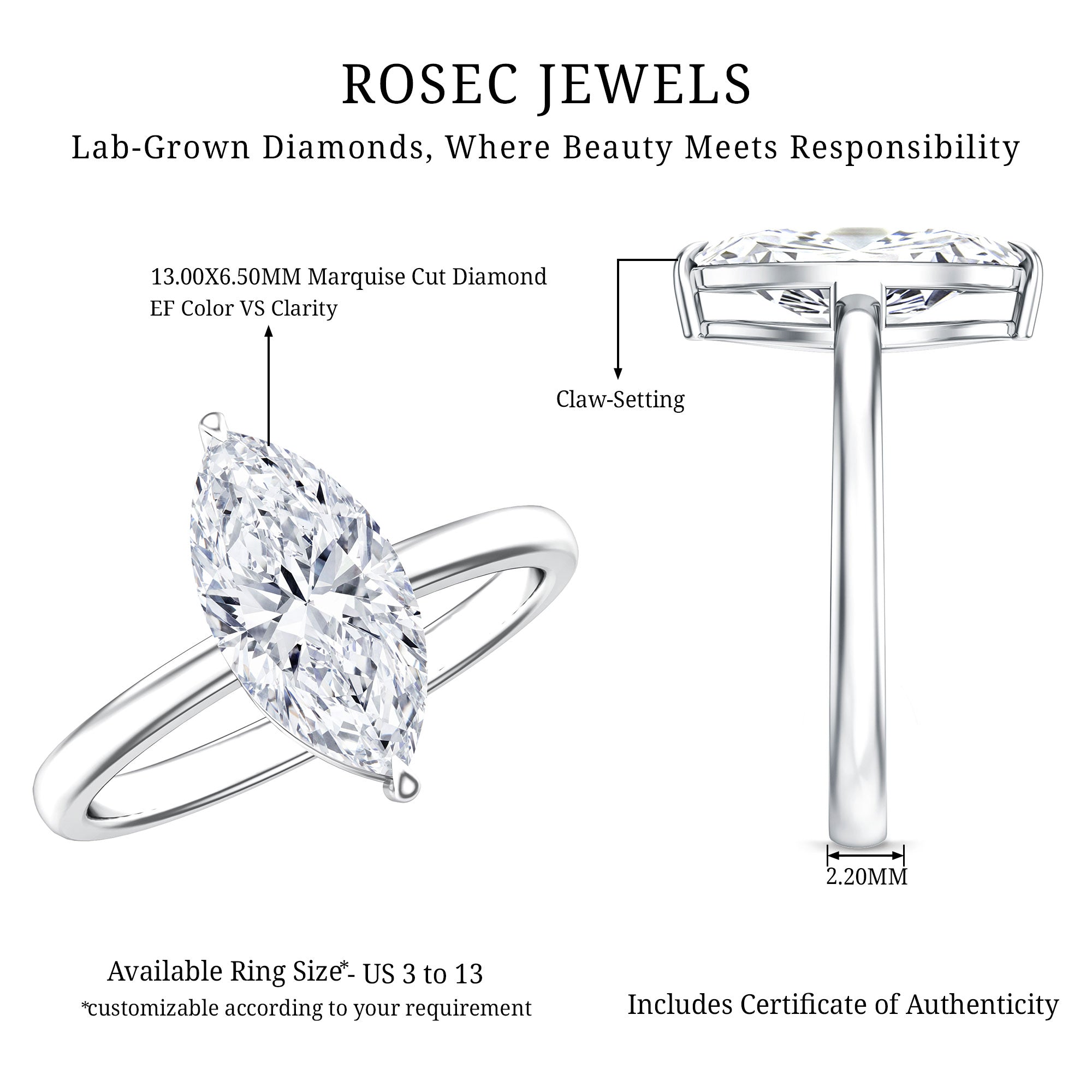 IGI Certified Marquise Cut Lab Created Diamond Solitaire Engagement Ring 2 Carat Lab - ( E-VS1 ) - Rosec Jewels