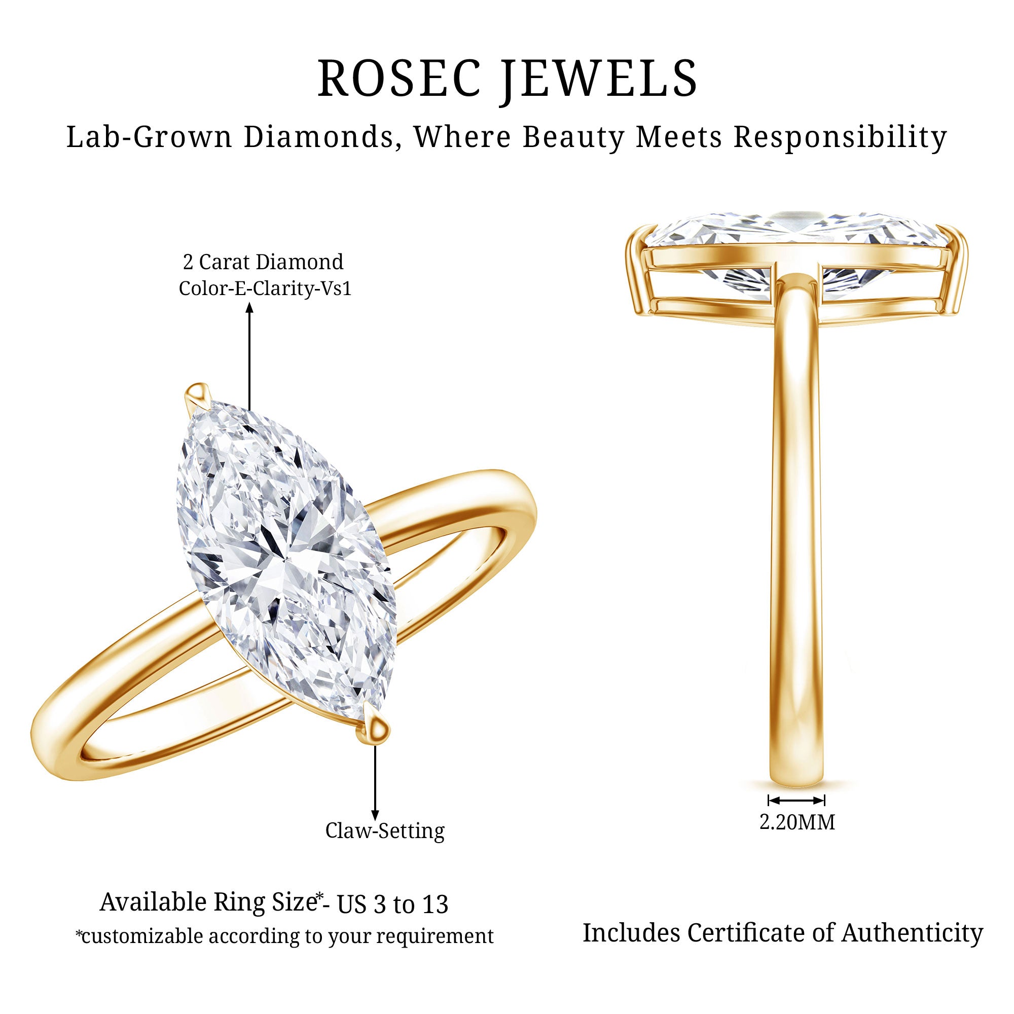IGI Certified Marquise Cut Lab Created Diamond Solitaire Engagement Ring 2 Carat Lab - ( E-VS1 ) - Rosec Jewels