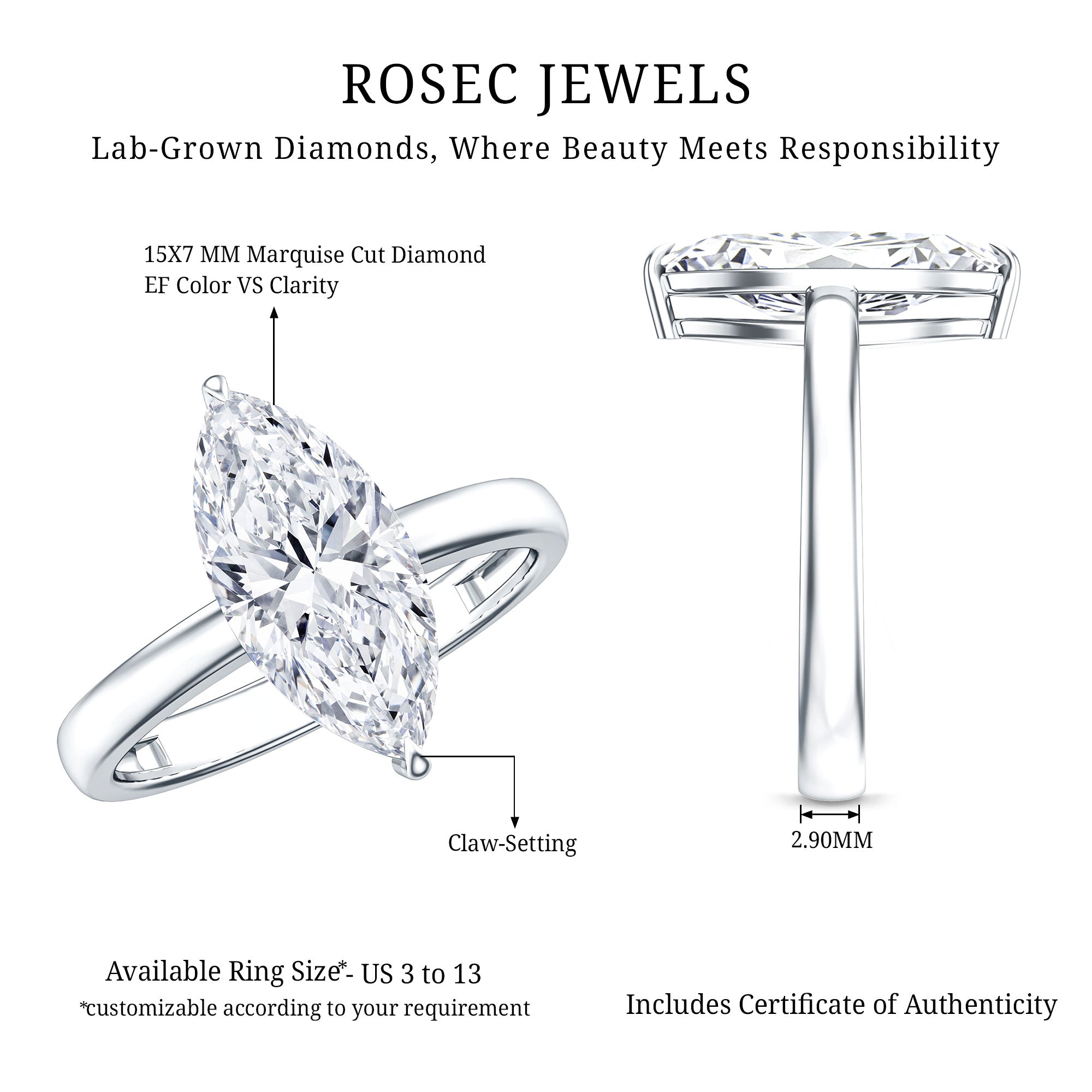 Solitaire 3 Carat Lab Grown Diamond Marquise Engagement Ring IGI Certified Lab - ( E-VS1 ) - Rosec Jewels