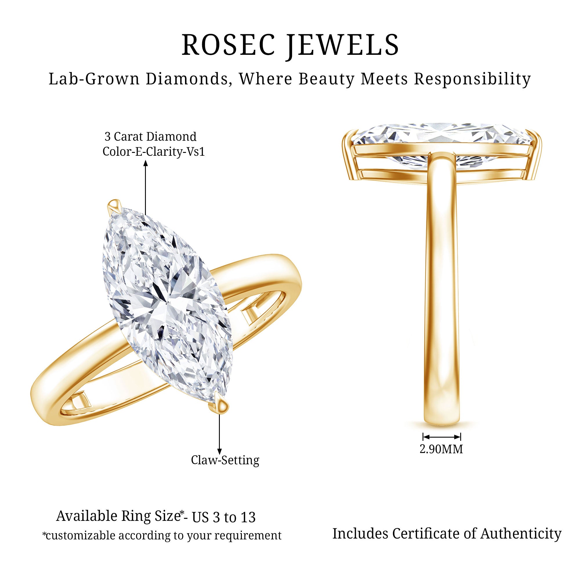 Solitaire 3 Carat Lab Grown Diamond Marquise Engagement Ring IGI Certified Lab - ( E-VS1 ) - Rosec Jewels