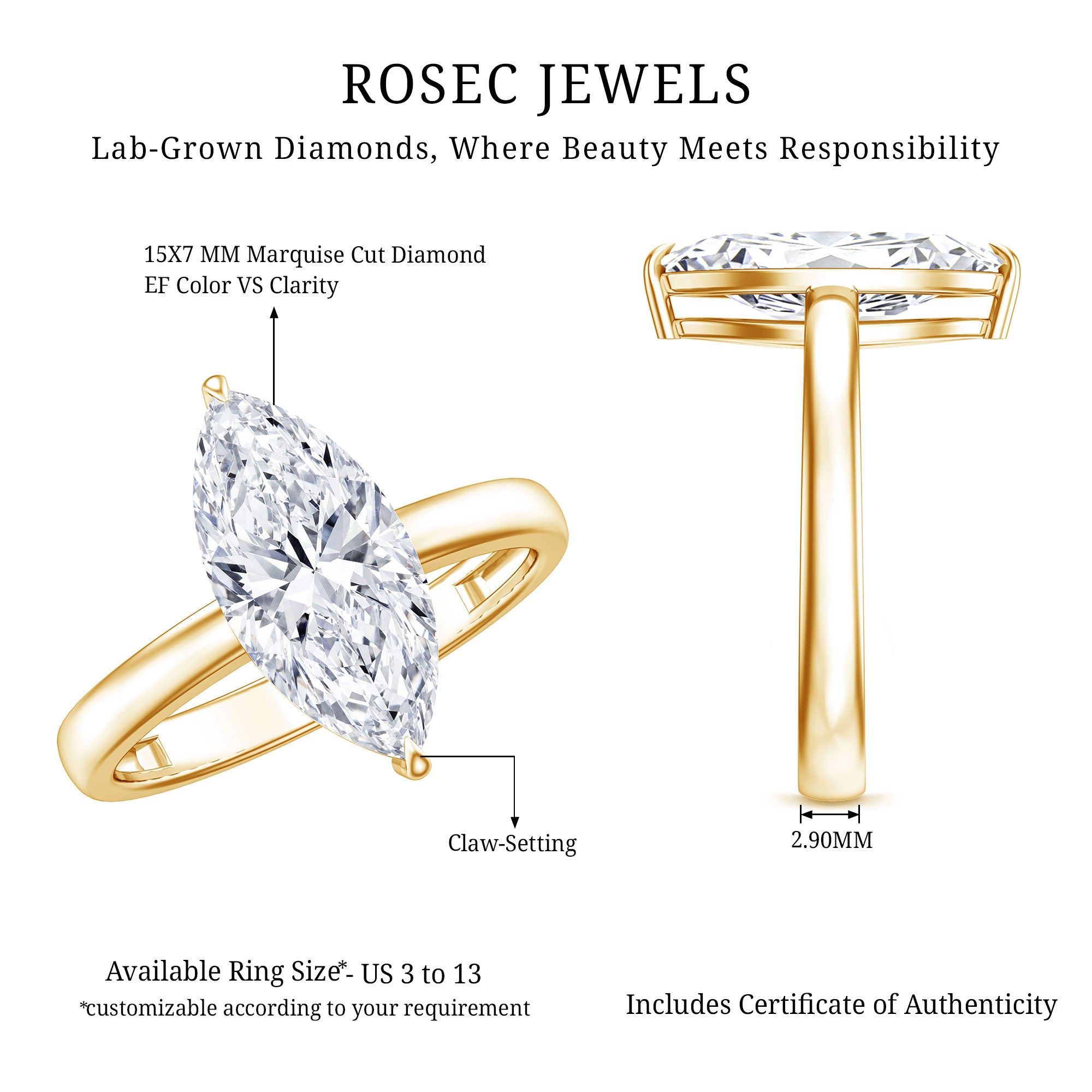Solitaire 3 Carat Lab Grown Diamond Marquise Engagement Ring IGI Certified Lab - ( E-VS1 ) - Rosec Jewels