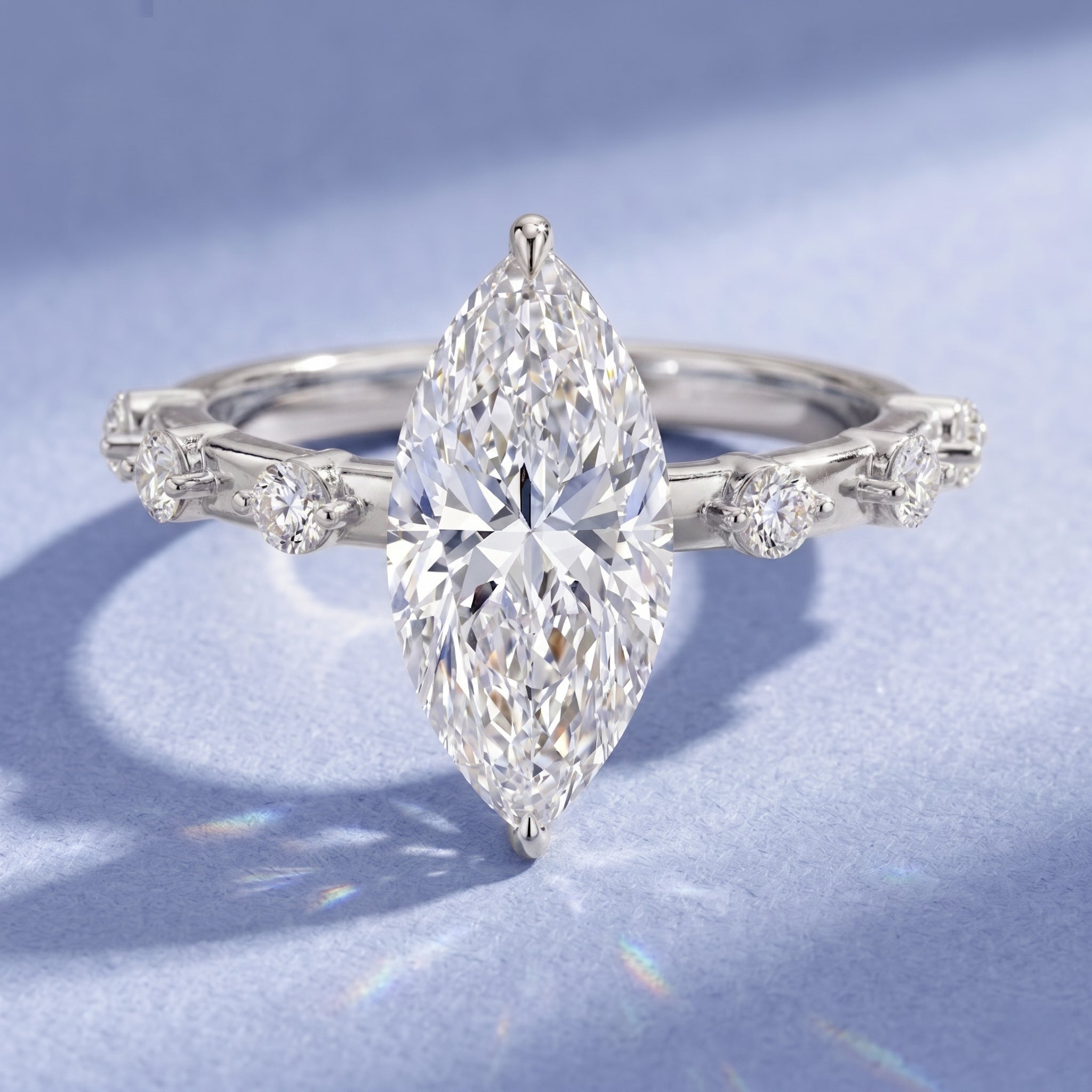 IGI Certified Lab Grown Diamond 3 Carat Marquise Engagement Ring with Spaced Accent Lab - ( E-VS1 ) - Rosec Jewels