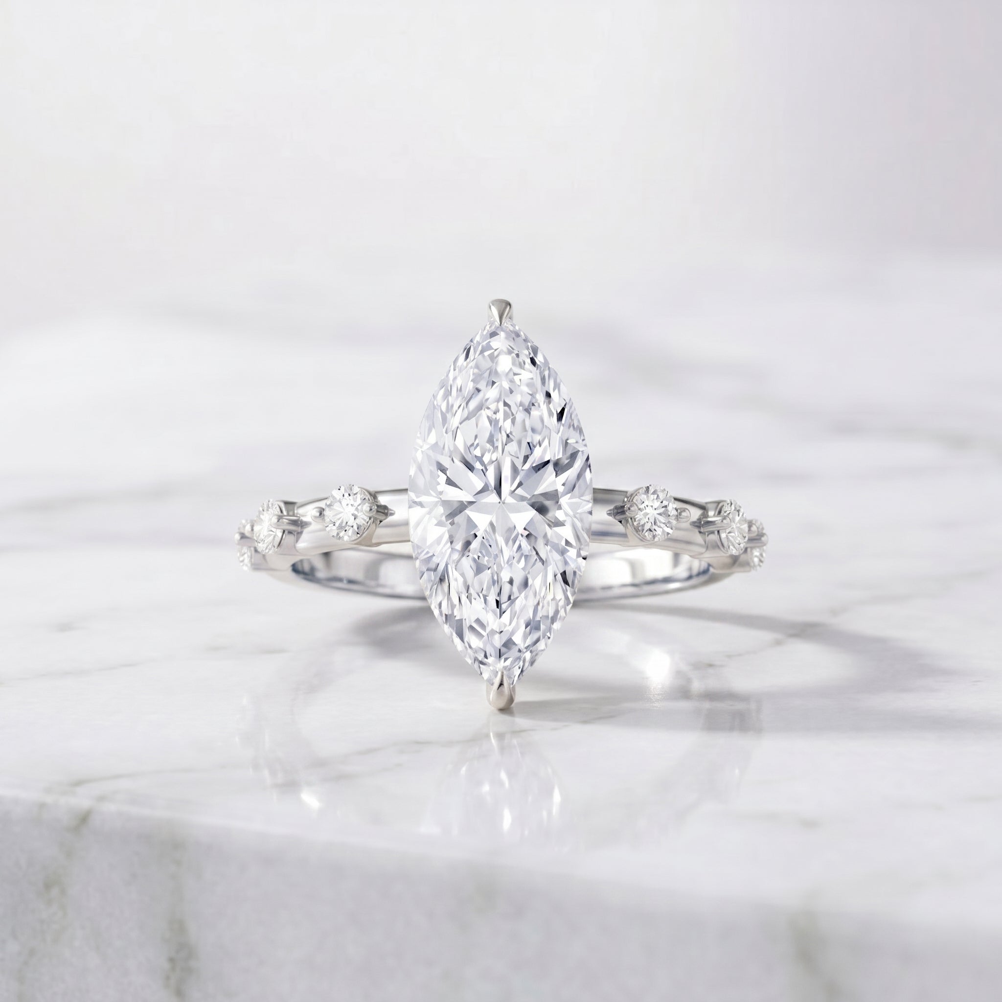 IGI Certified Lab Grown Diamond 3 Carat Marquise Engagement Ring with Spaced Accent Lab - ( E-VS1 ) - Rosec Jewels