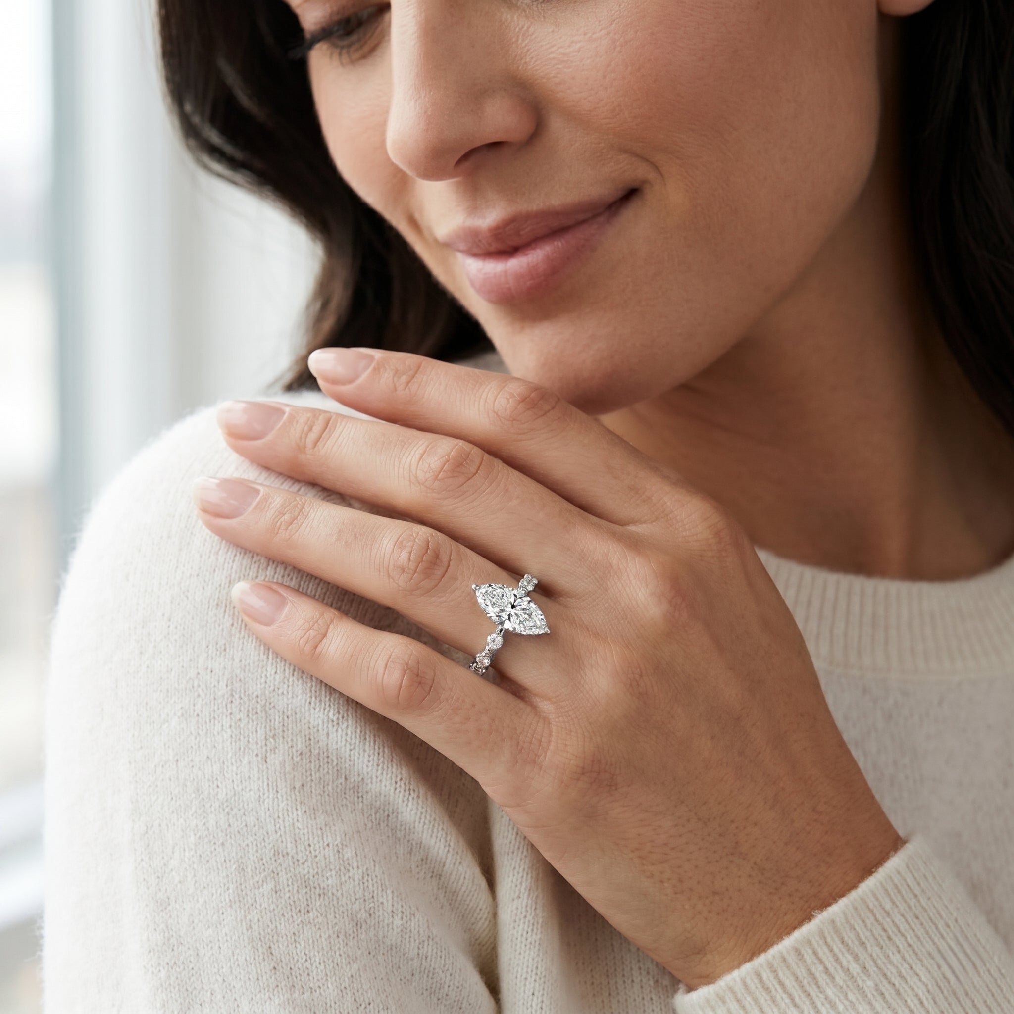 IGI Certified Lab Grown Diamond 3 Carat Marquise Engagement Ring with Spaced Accent Lab - ( E-VS1 ) - Rosec Jewels