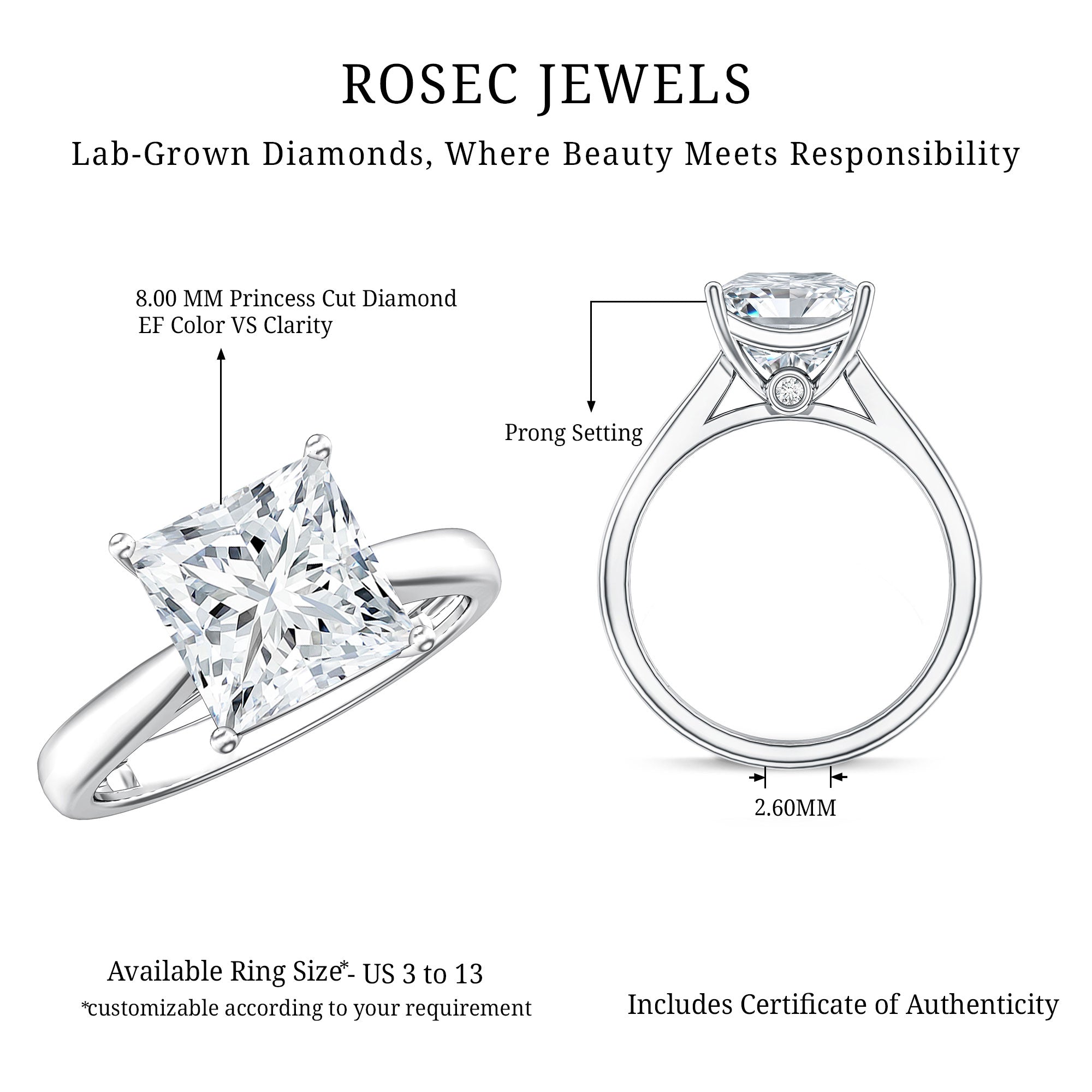 IGI Certified Lab Grown 3 Carat Diamond Princess Cut Engagement Ring Solitaire Lab - ( E-VS1 ) - Rosec Jewels