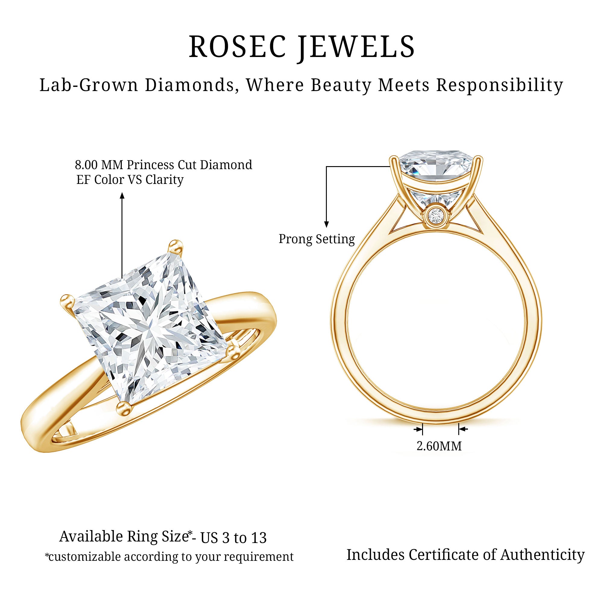 Rosec Jewels-IGI Certified Lab Grown 3 Carat Diamond Princess Cut Engagement Ring Solitaire