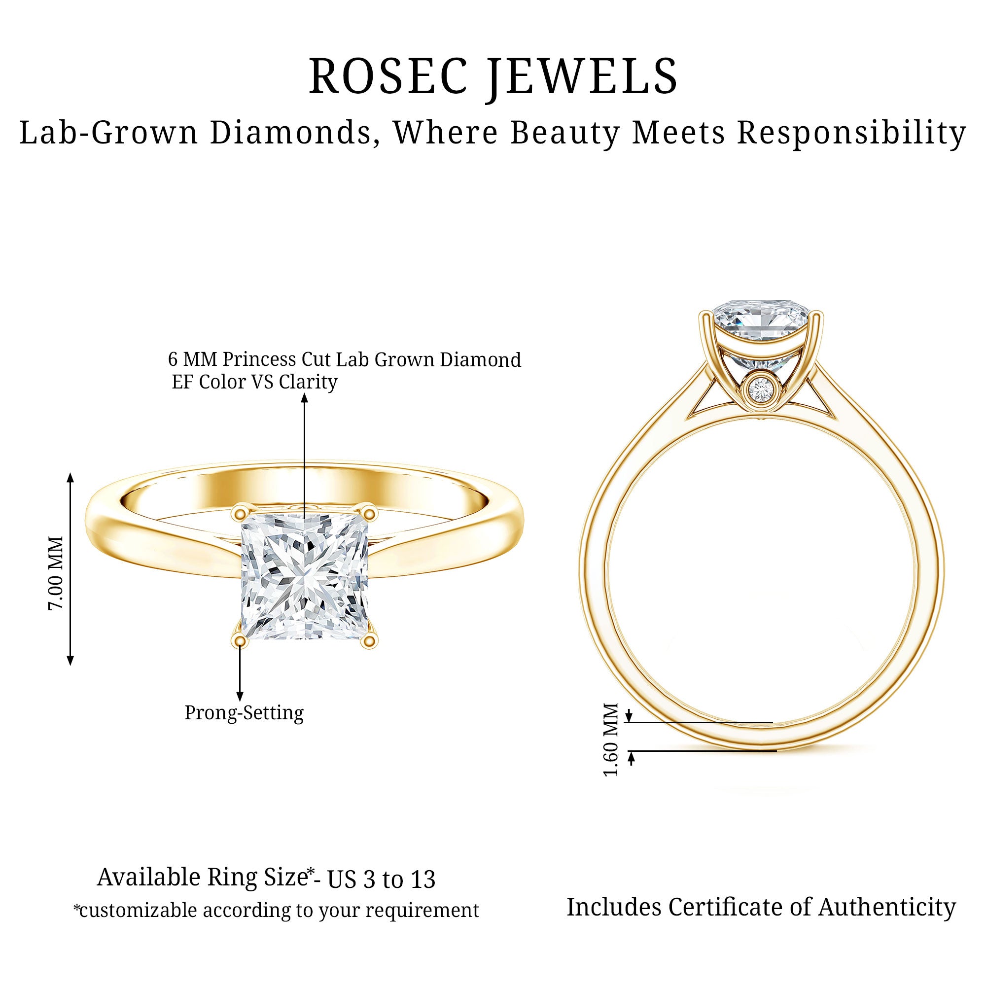 Rosec Jewels-Solitaire 1 Carat Princess Cut Lab Grown Diamond Engagement Ring with IGI Certificate