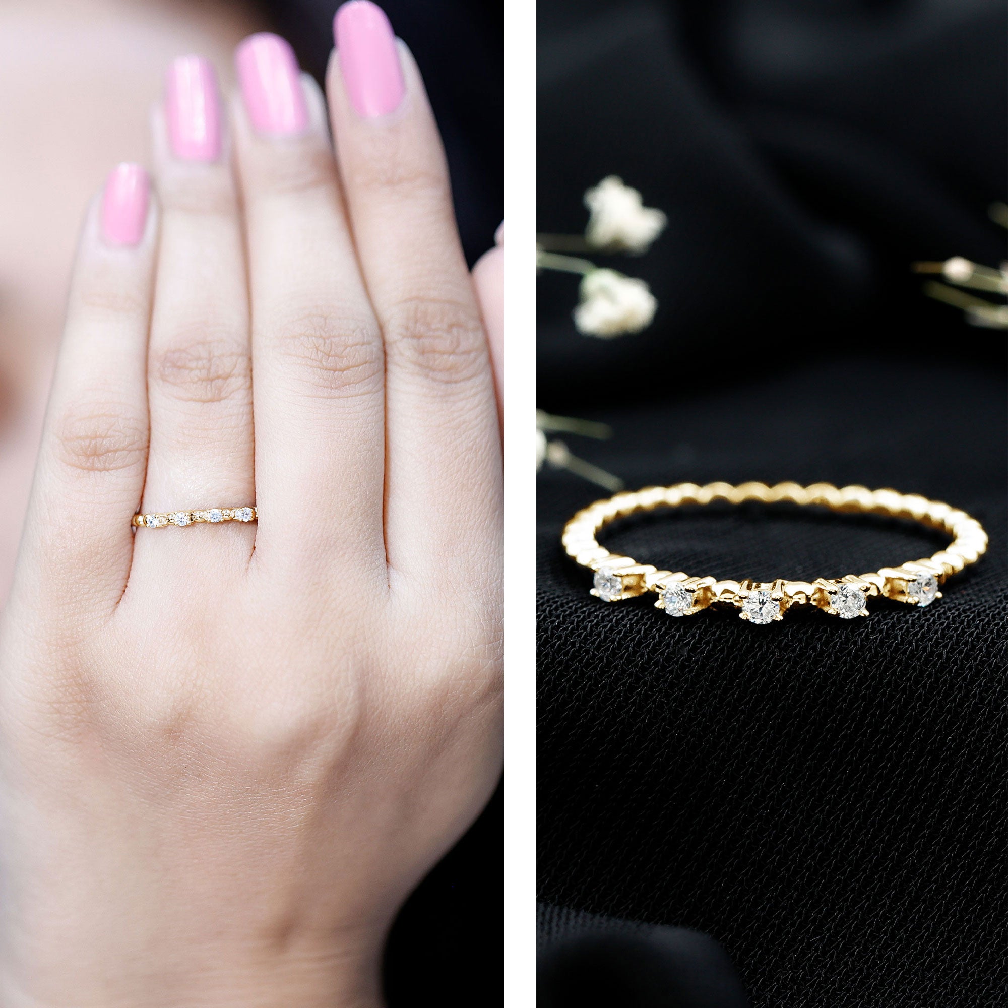 Minimalist Lab Grown Diamond Stacking Ring with Beaded Detail Lab - ( EF-VS ) - Rosec Jewels