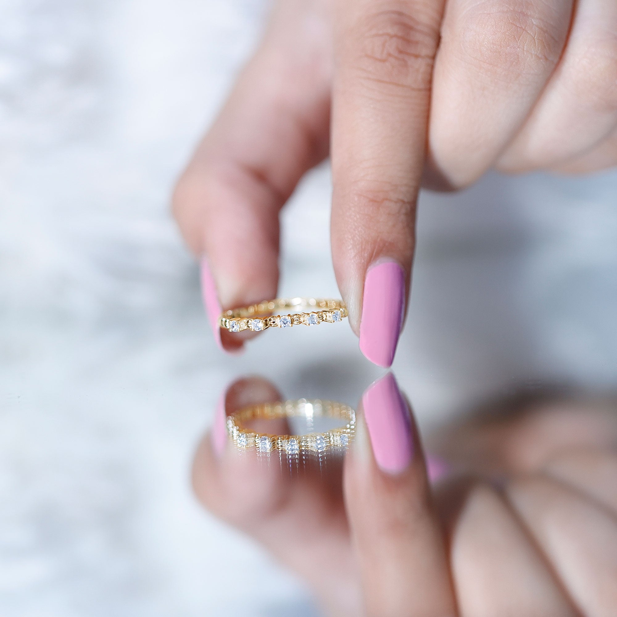 Minimalist Lab Grown Diamond Stacking Ring with Beaded Detail Lab - ( EF-VS ) - Rosec Jewels