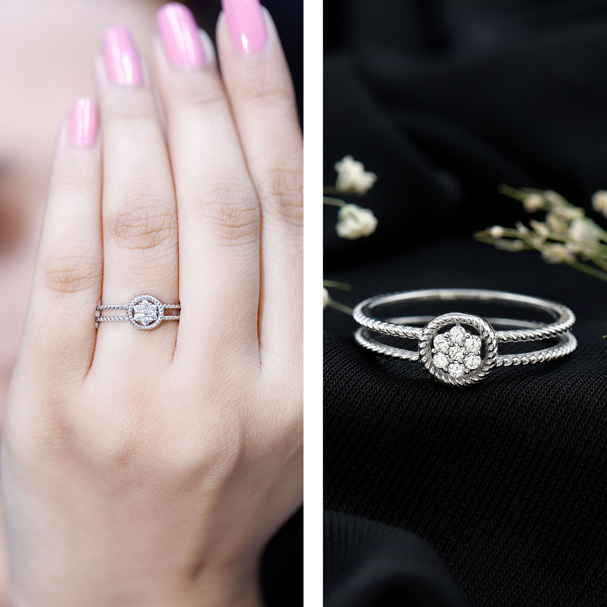 Certified Lab Grown Diamond Flower Promise Ring with Double Band Shank Lab - ( EF-VS ) - Rosec Jewels