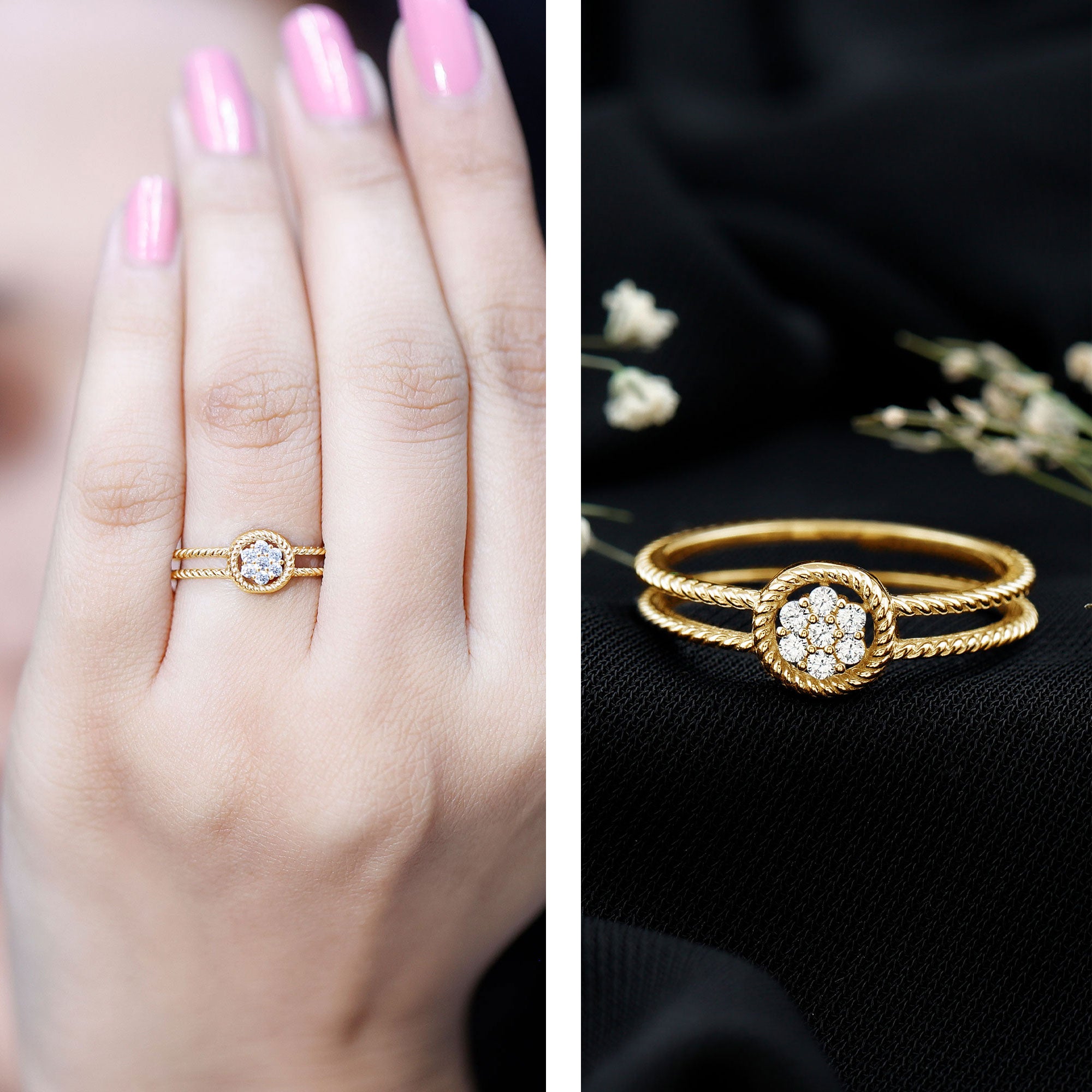 Certified Lab Grown Diamond Flower Promise Ring with Double Band Shank Lab - ( EF-VS ) - Rosec Jewels