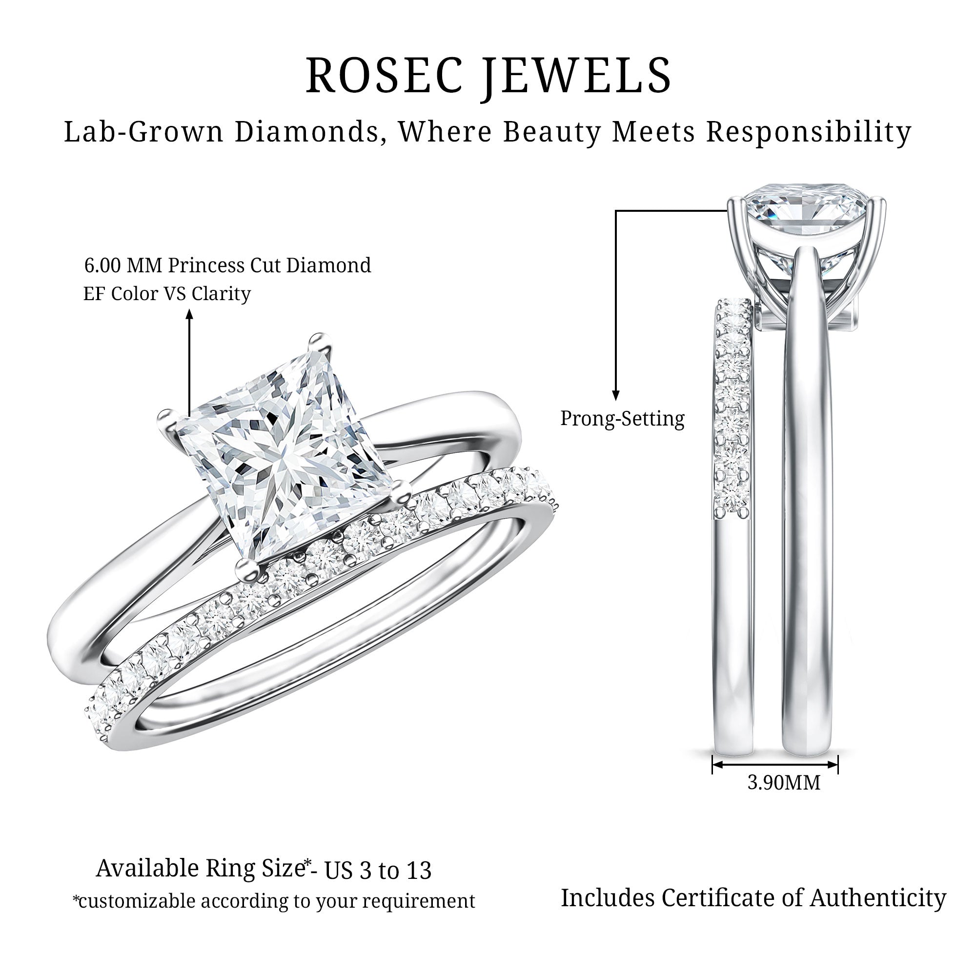 Rosec Jewels-IGI Certified 1 Carat Princess Cut Lab Grown Diamond Solitaire Bridal Ring Set