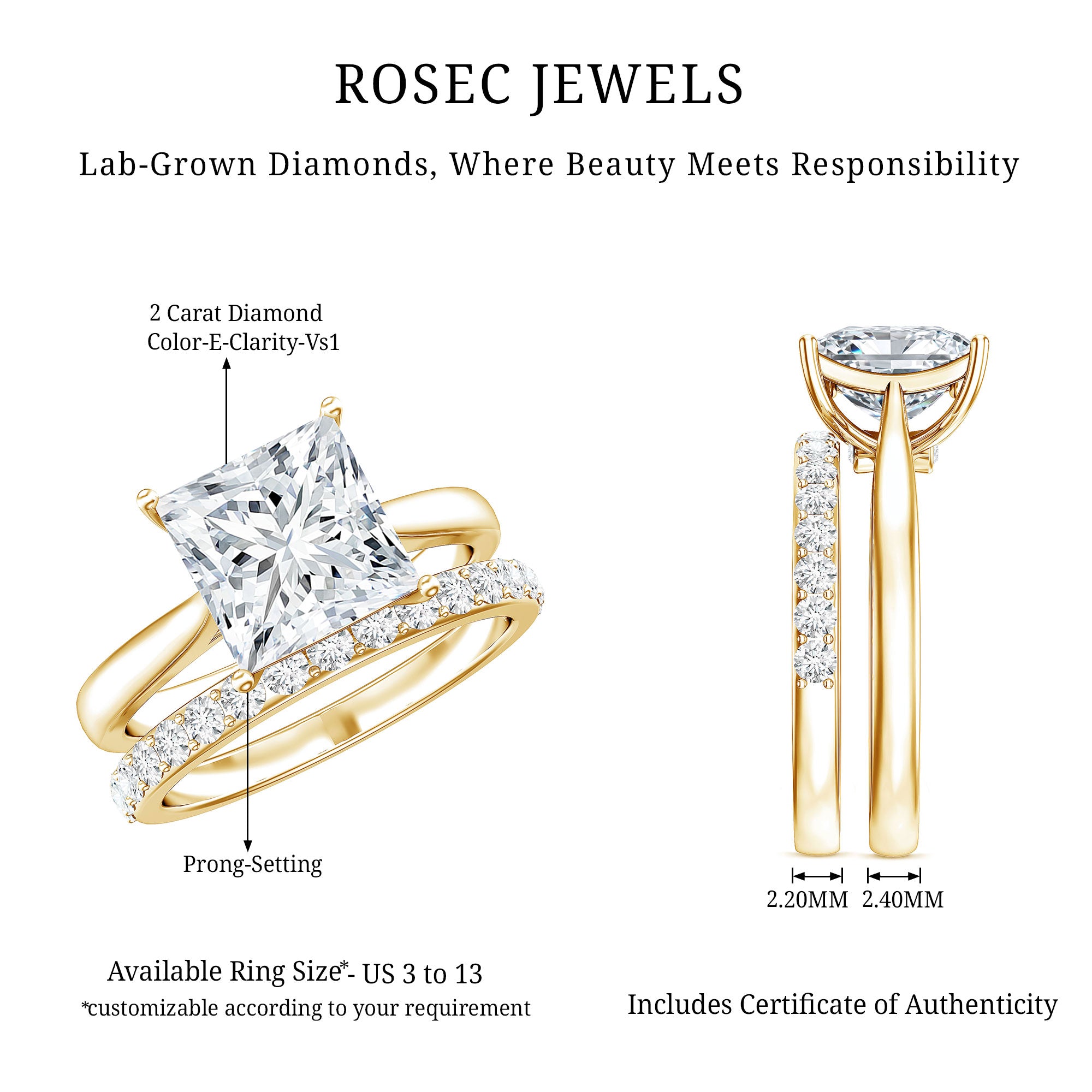 IGI Certified 2 Carat Lab Grown Diamond Princess Cut Engagement Ring With Wedding Band Lab - ( E-VS1 ) - Rosec Jewels