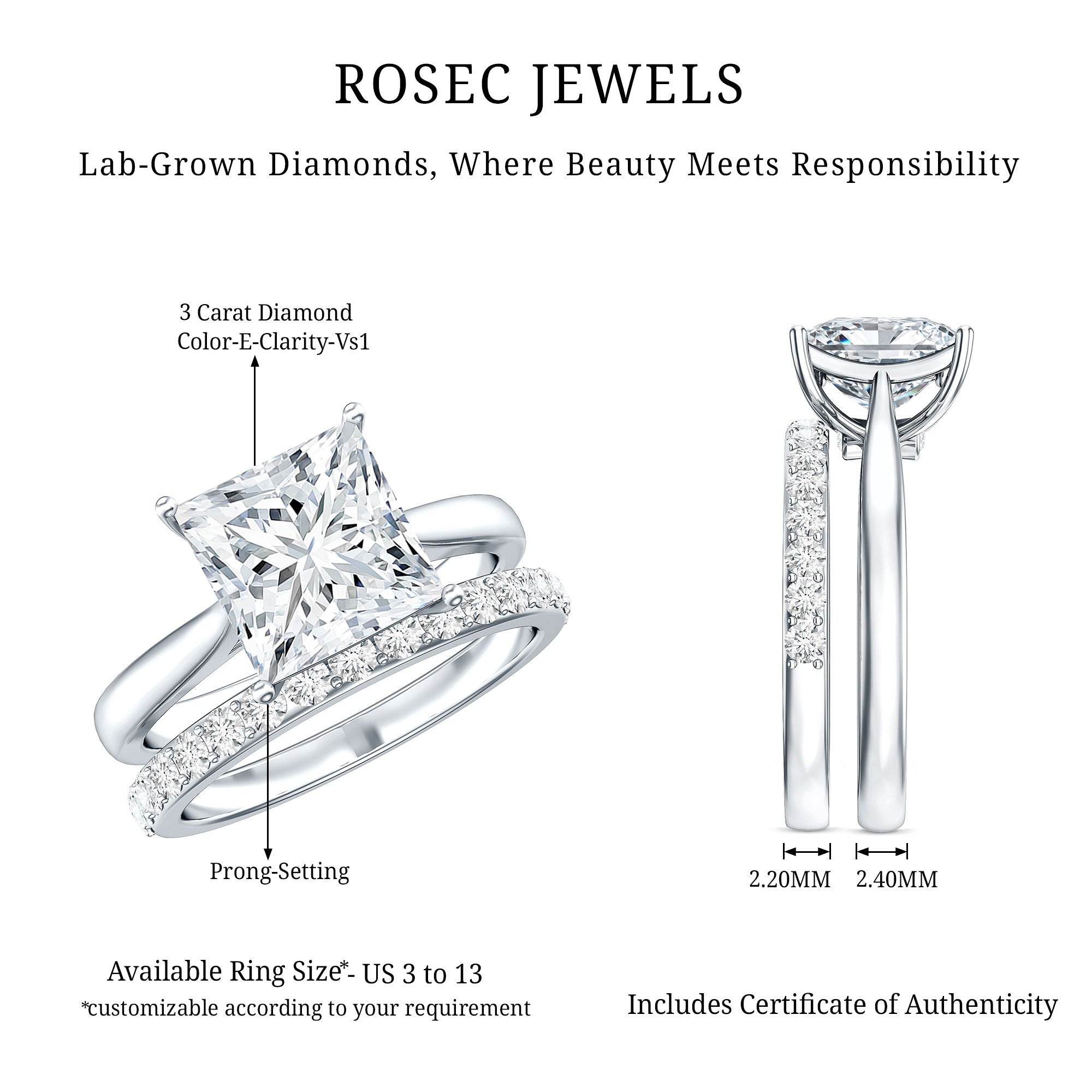 IGI Certified 3 Carat Lab Grown Diamond Princess Cut Wedding Ring Set for Women Lab - ( E-VS1 ) - Rosec Jewels