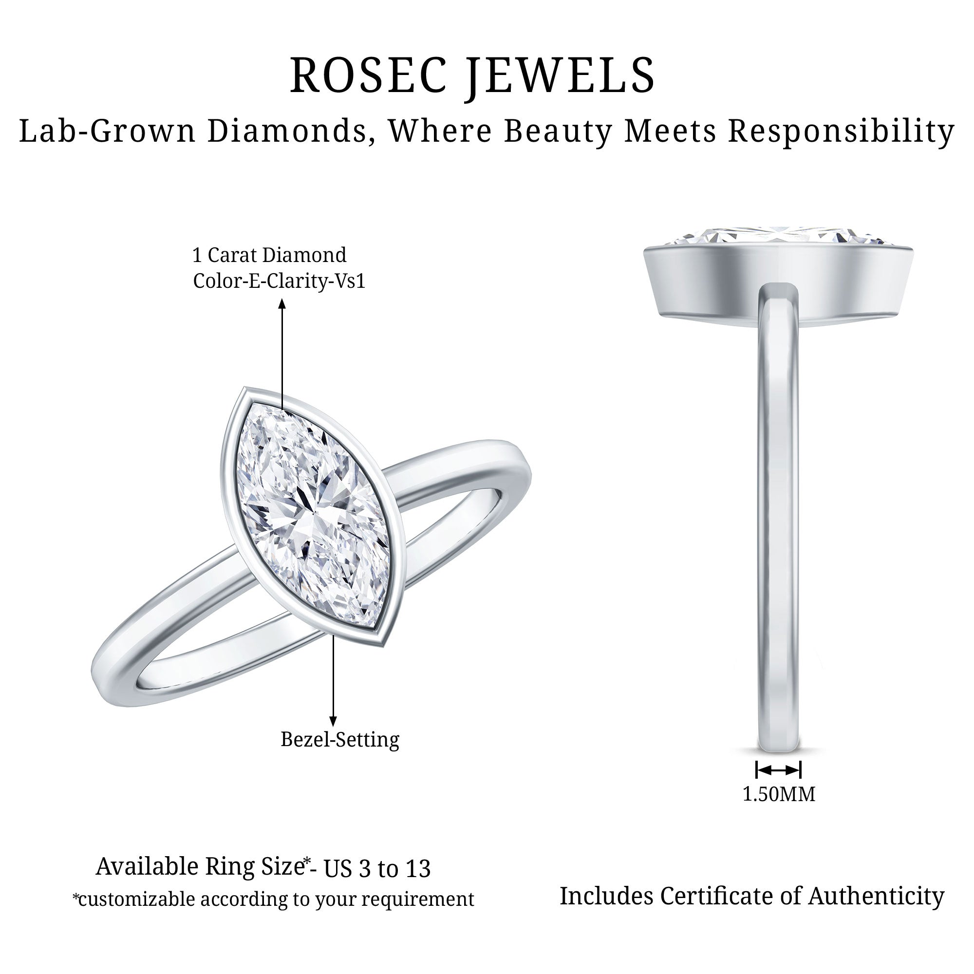 IGI Certified 1 Carat Marquise Lab Grown Diamond Engagement Ring in Bezel Setting Lab - ( E-VS1 ) - Rosec Jewels