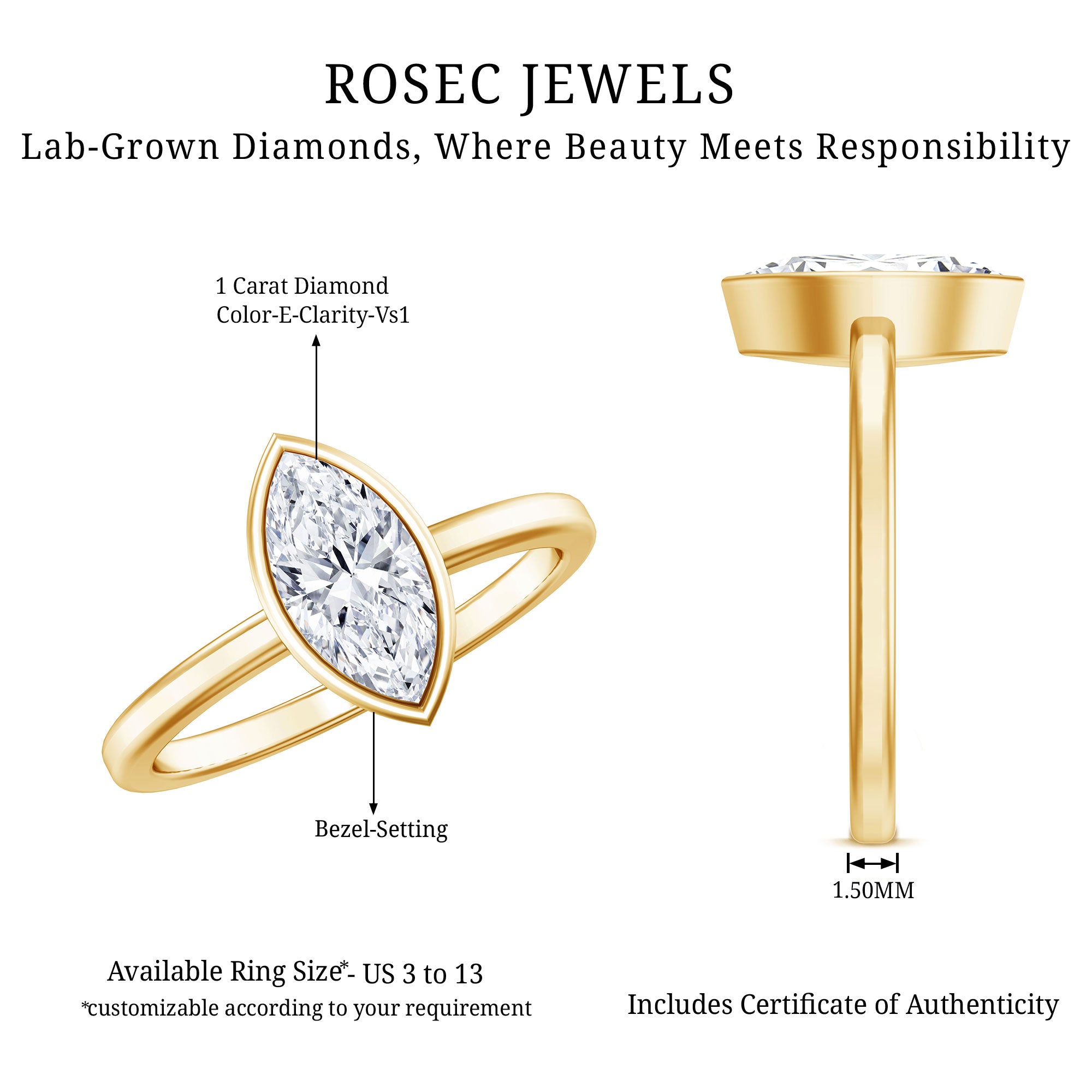 IGI Certified 1 Carat Marquise Lab Grown Diamond Engagement Ring in Bezel Setting Lab - ( E-VS1 ) - Rosec Jewels