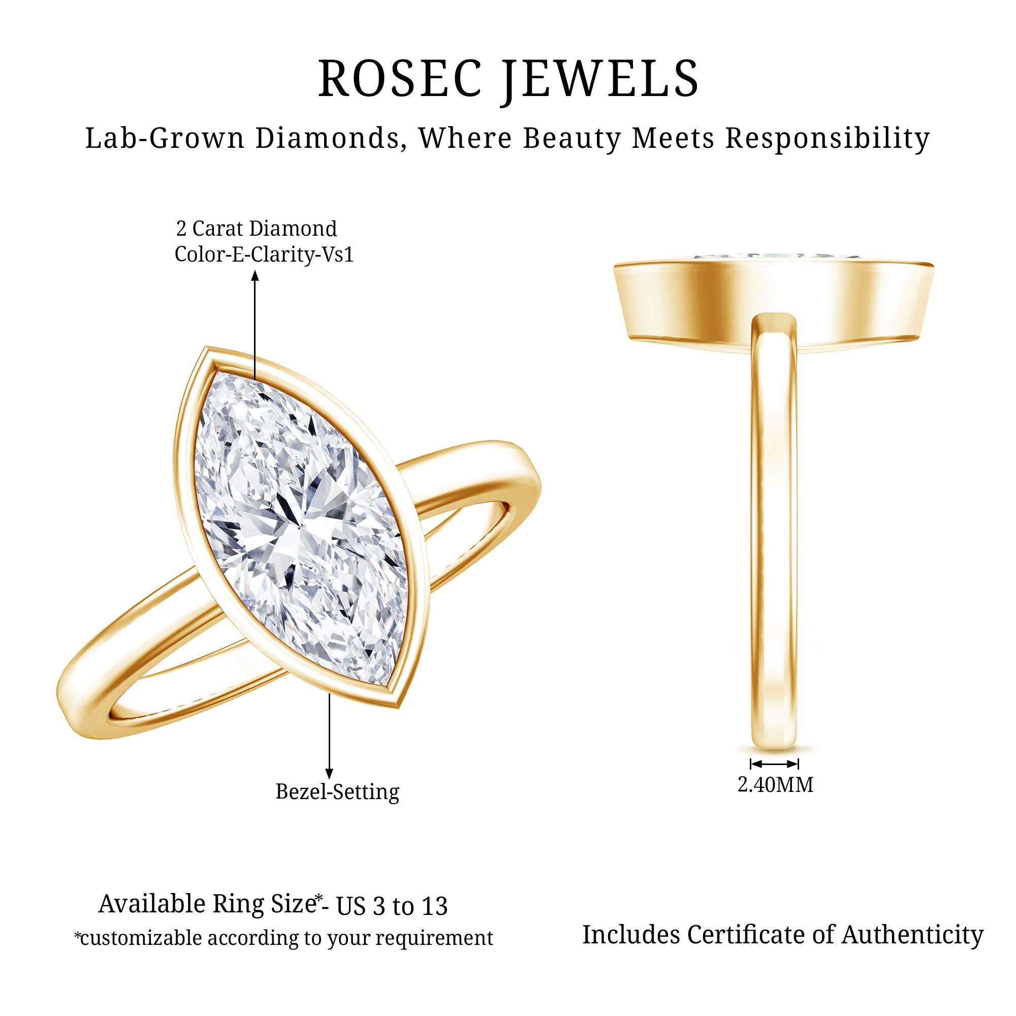 IGI Certified 2 Carat Lab Grown Diamond Marquise Ring For Engagement Lab - ( E-VS1 ) - Rosec Jewels