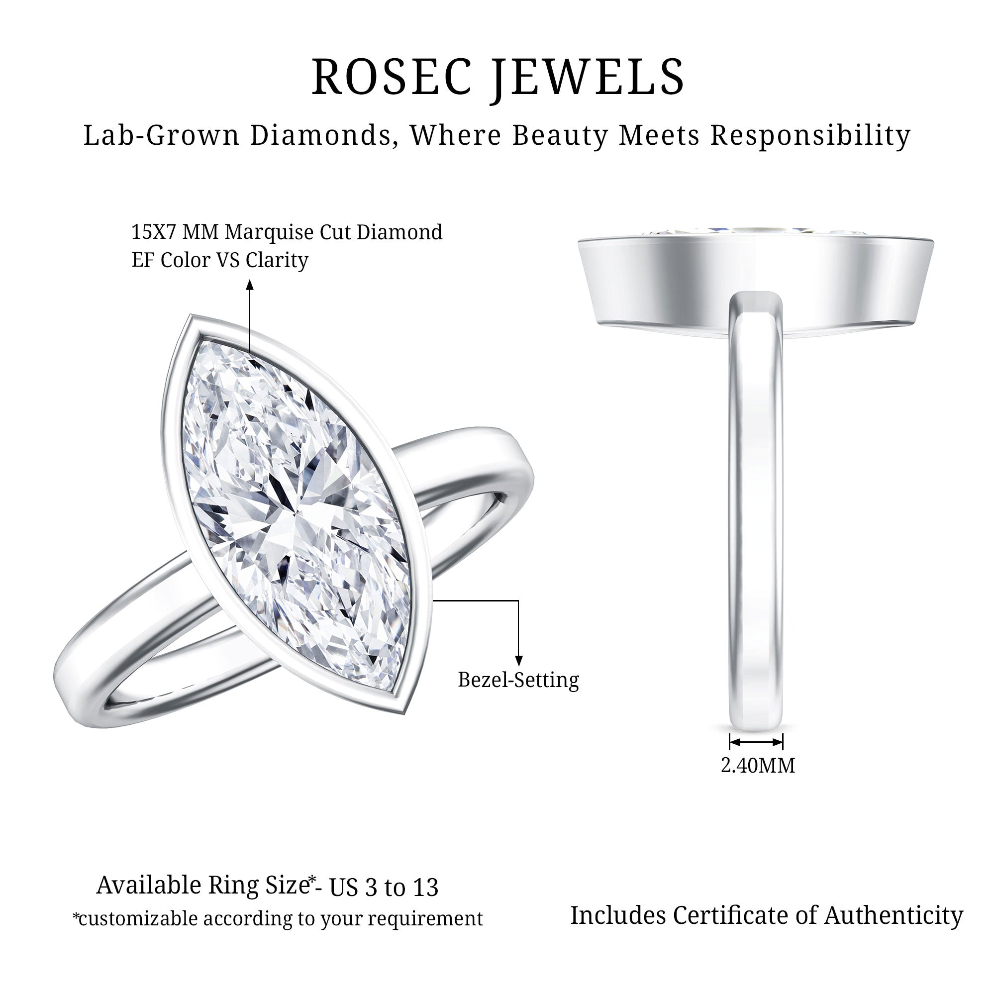 IGI Certified 3 Carat Solitaire Lab Grown Diamond Marquise Cut Engagement Ring Lab - ( E-VS1 ) - Rosec Jewels