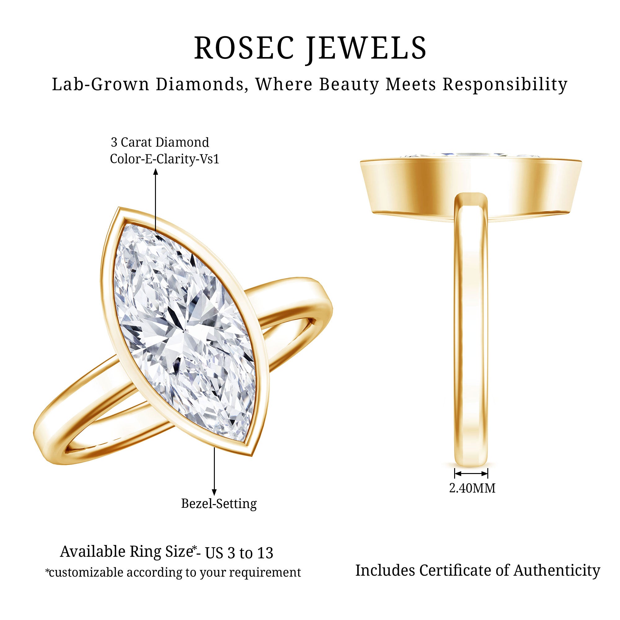 IGI Certified 3 Carat Solitaire Lab Grown Diamond Marquise Cut Engagement Ring Lab - ( E-VS1 ) - Rosec Jewels