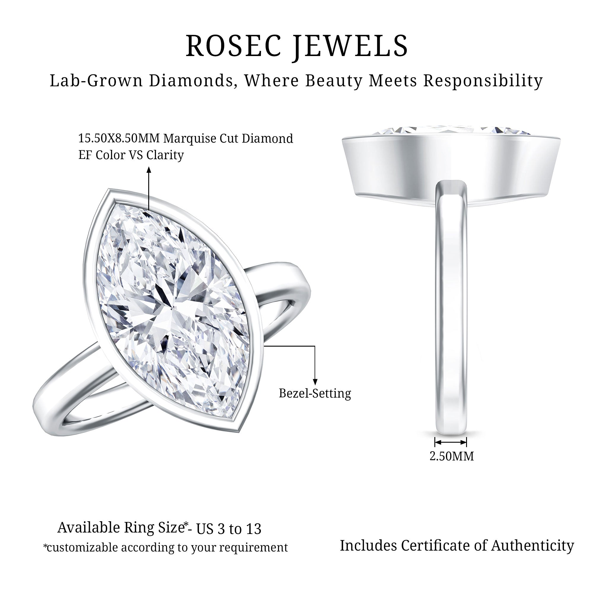 4 Carat Marquise Cut Lab Grown Diamond Bezel Engagement Ring with IGI Certificate Lab - ( E-VS1 ) - Rosec Jewels