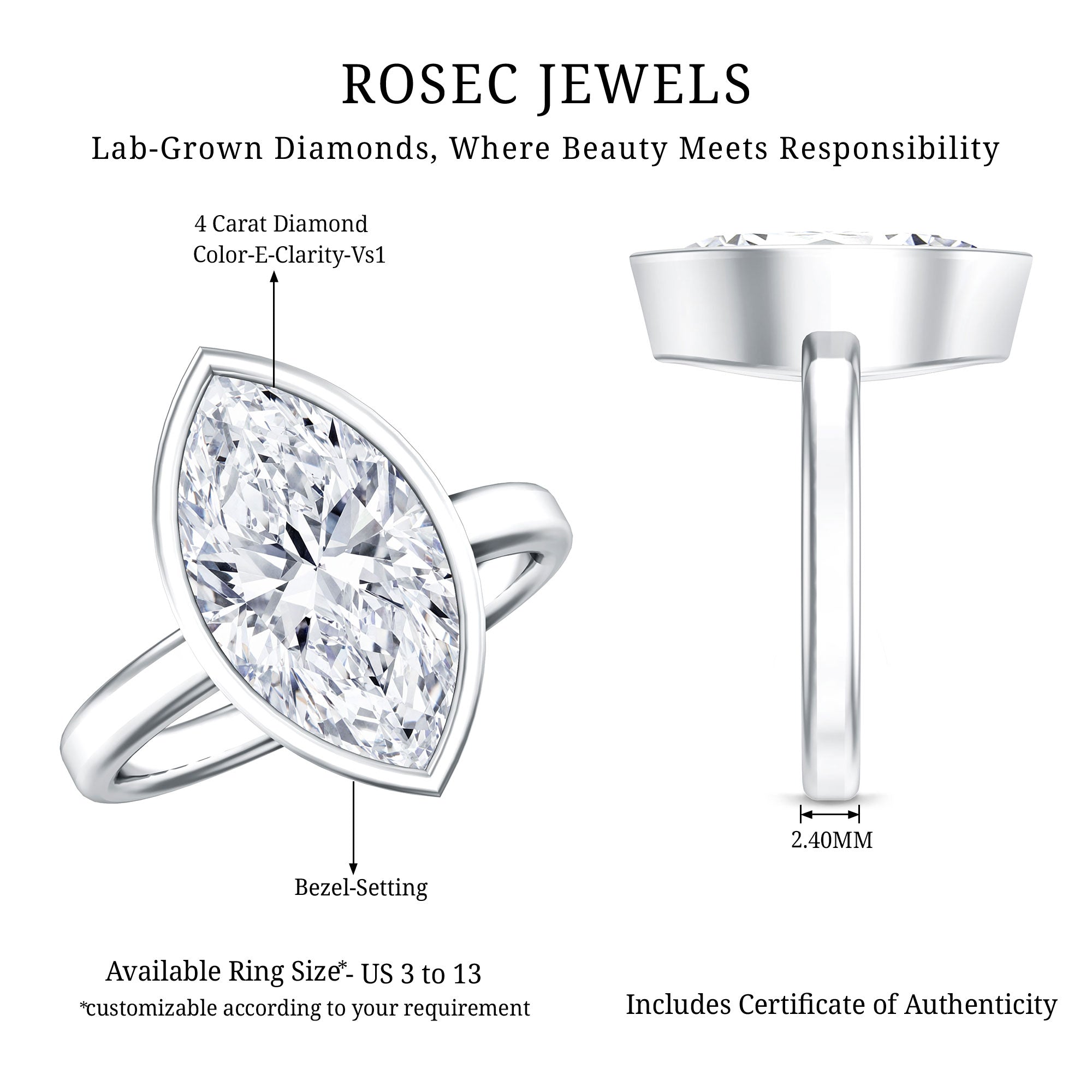4 Carat Marquise Cut Lab Grown Diamond Bezel Engagement Ring with IGI Certificate Lab - ( E-VS1 ) - Rosec Jewels