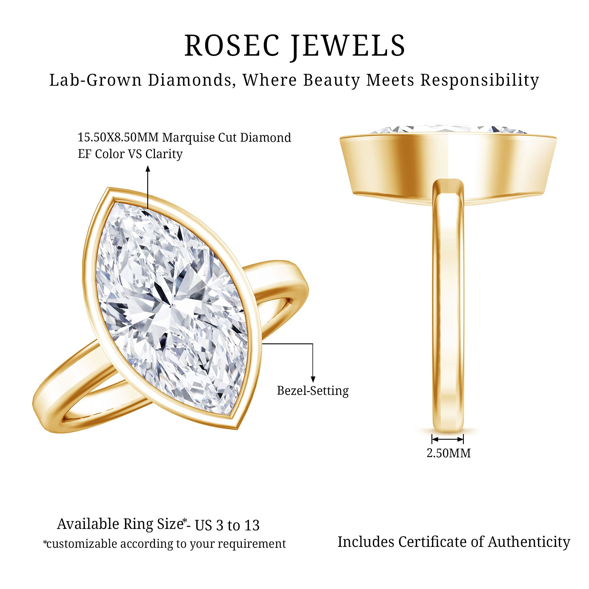 4 Carat Marquise Cut Lab Grown Diamond Bezel Engagement Ring with IGI Certificate Lab - ( E-VS1 ) - Rosec Jewels