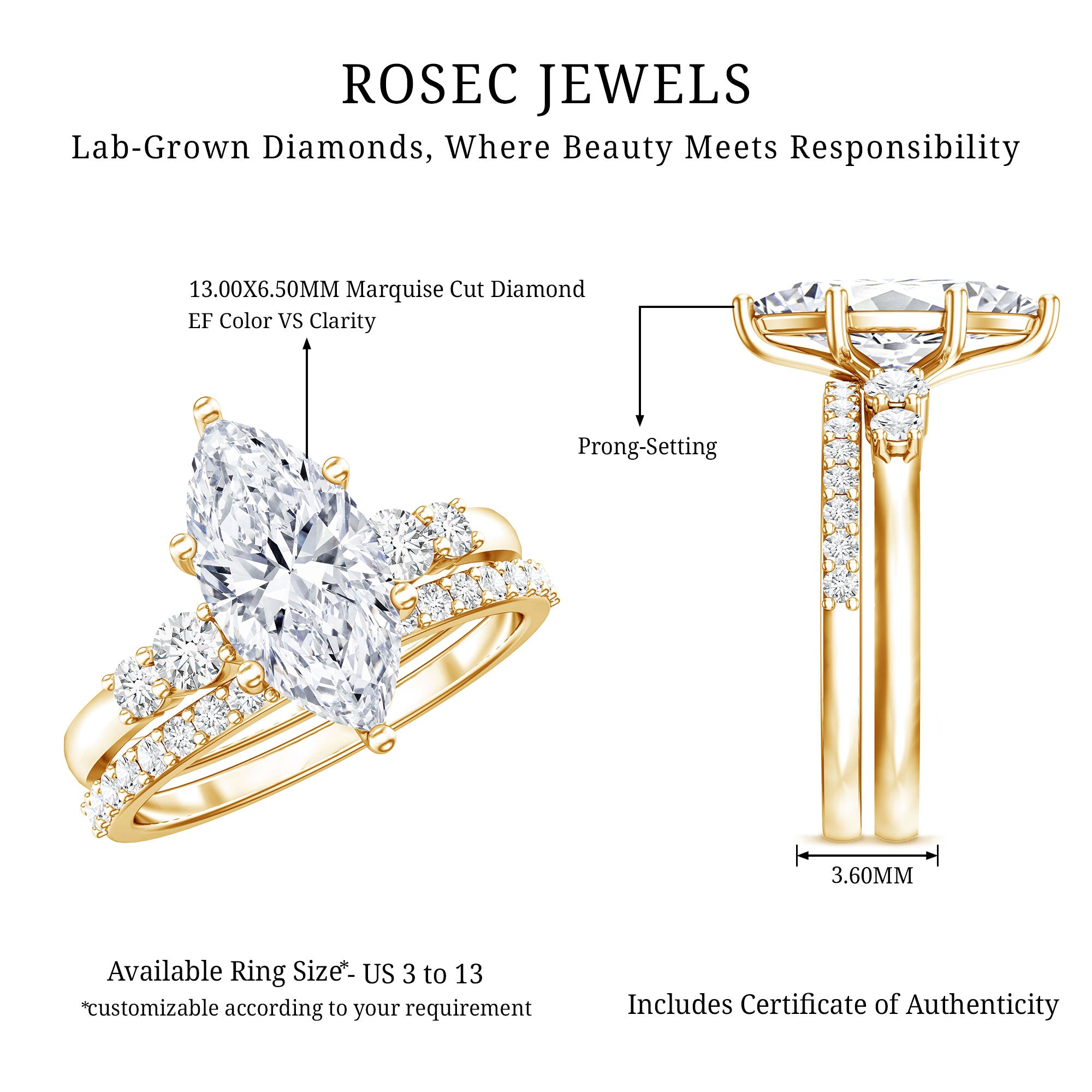 Rosec Jewels-2 Carat Marquise Cut Bridal Ring Set with IGI Certified Lab Grown Diamond