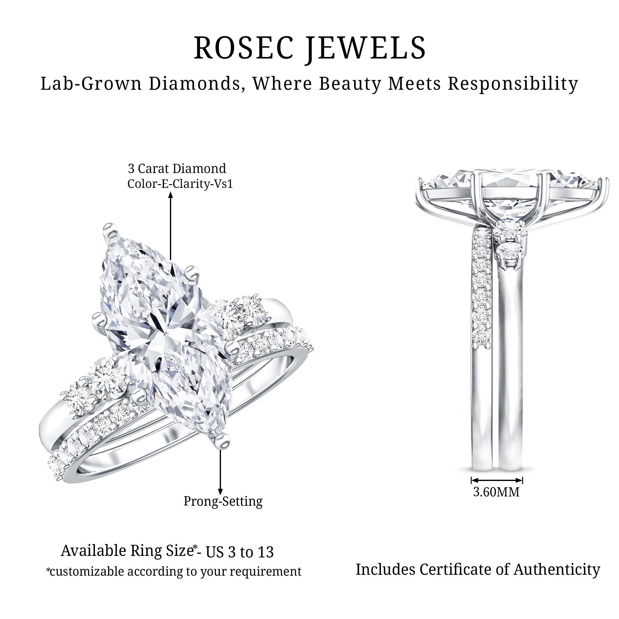 IGI Certified 3 Carat Lab Grown Diamond Marquise Bridal Wedding Ring Set Lab - ( E-VS1 ) - Rosec Jewels