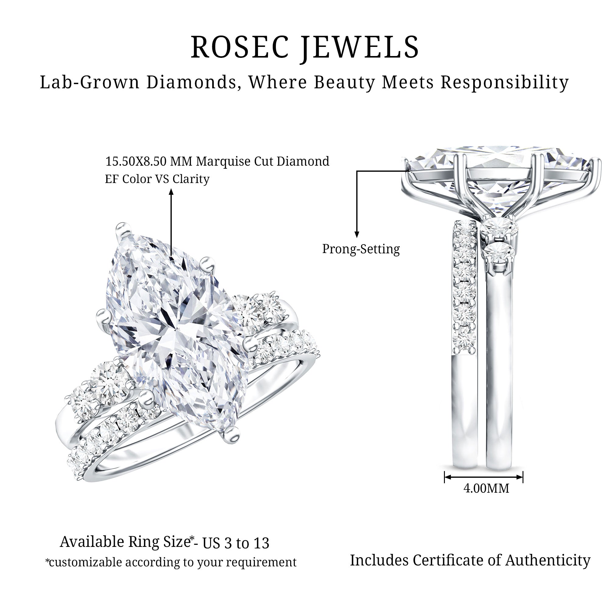 IGI Certified Lab Grown Diamond 4 Carat Marquise Engagement Ring with Wedding Band Lab - ( E-VS1 ) - Rosec Jewels