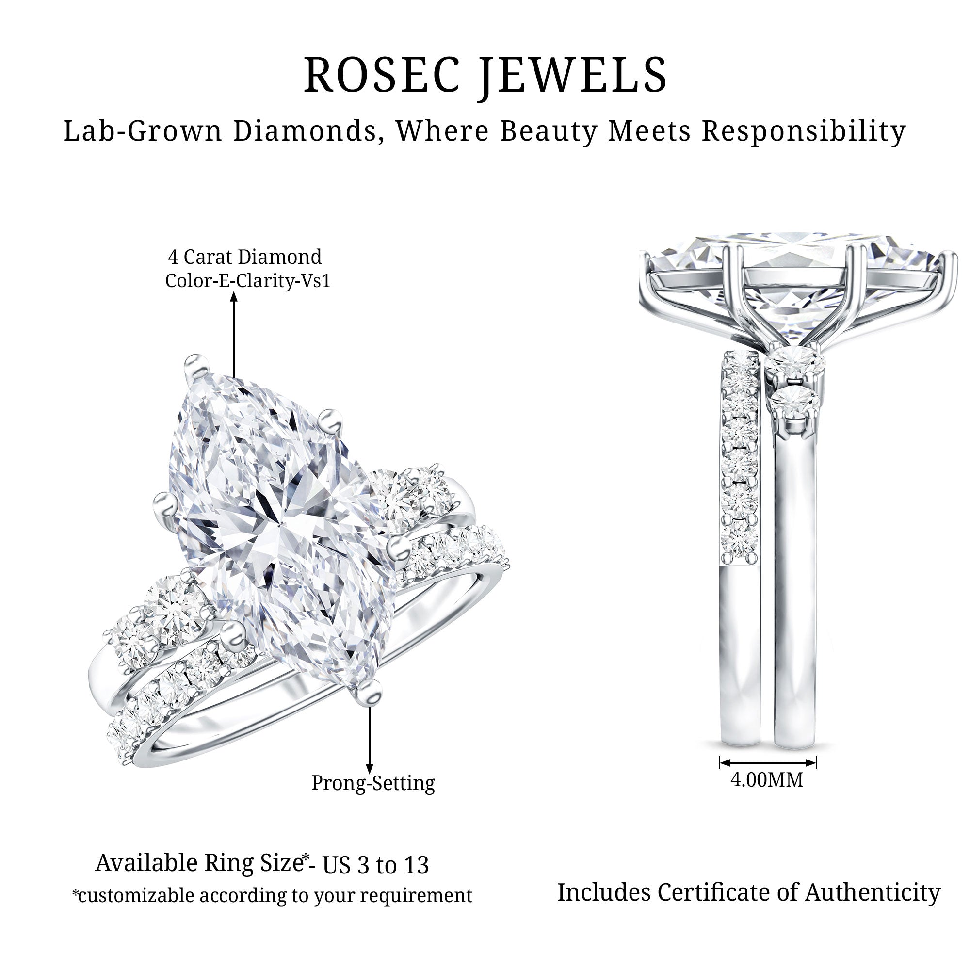 IGI Certified Lab Grown Diamond 4 Carat Marquise Engagement Ring with Wedding Band Lab - ( E-VS1 ) - Rosec Jewels