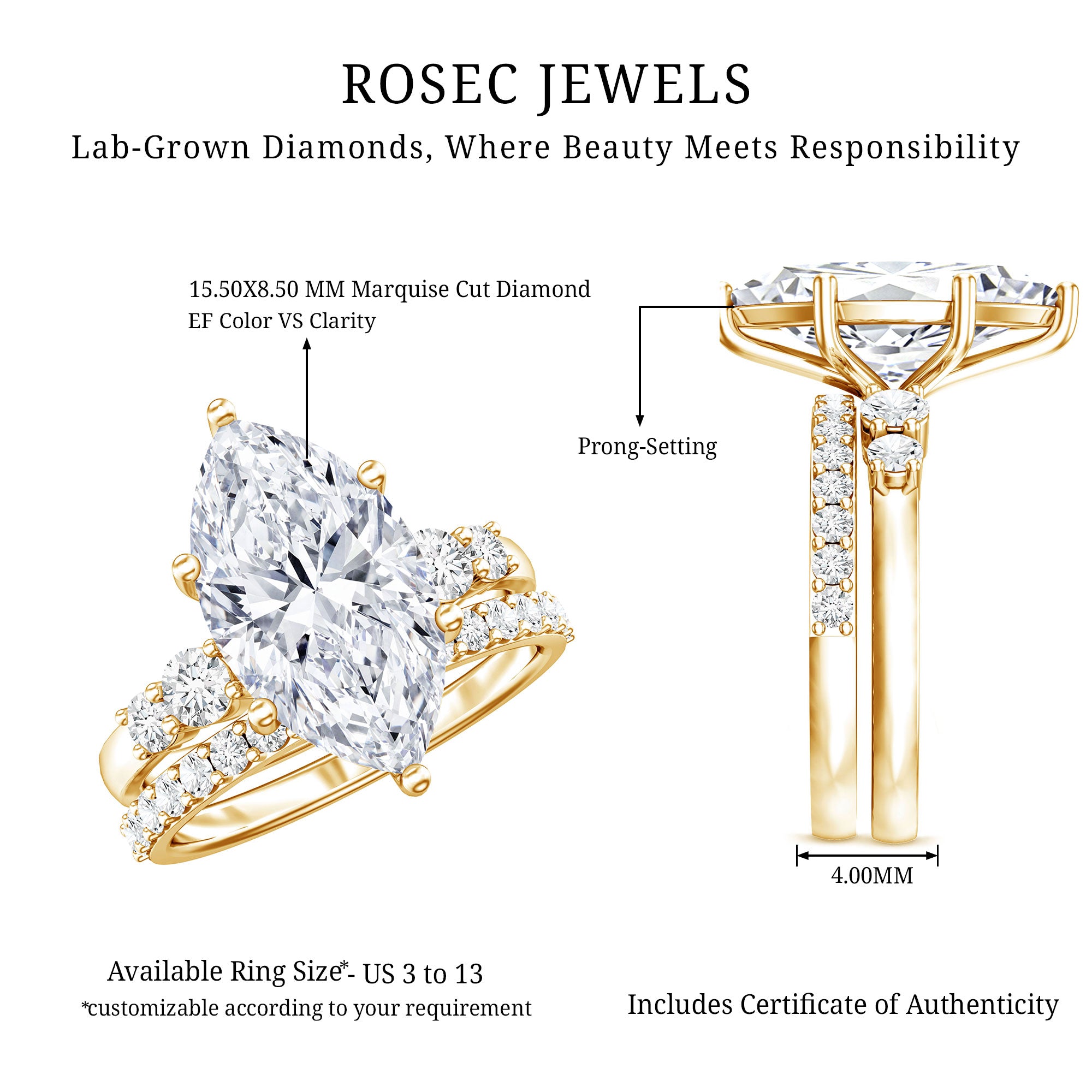IGI Certified Lab Grown Diamond 4 Carat Marquise Engagement Ring with Wedding Band Lab - ( E-VS1 ) - Rosec Jewels
