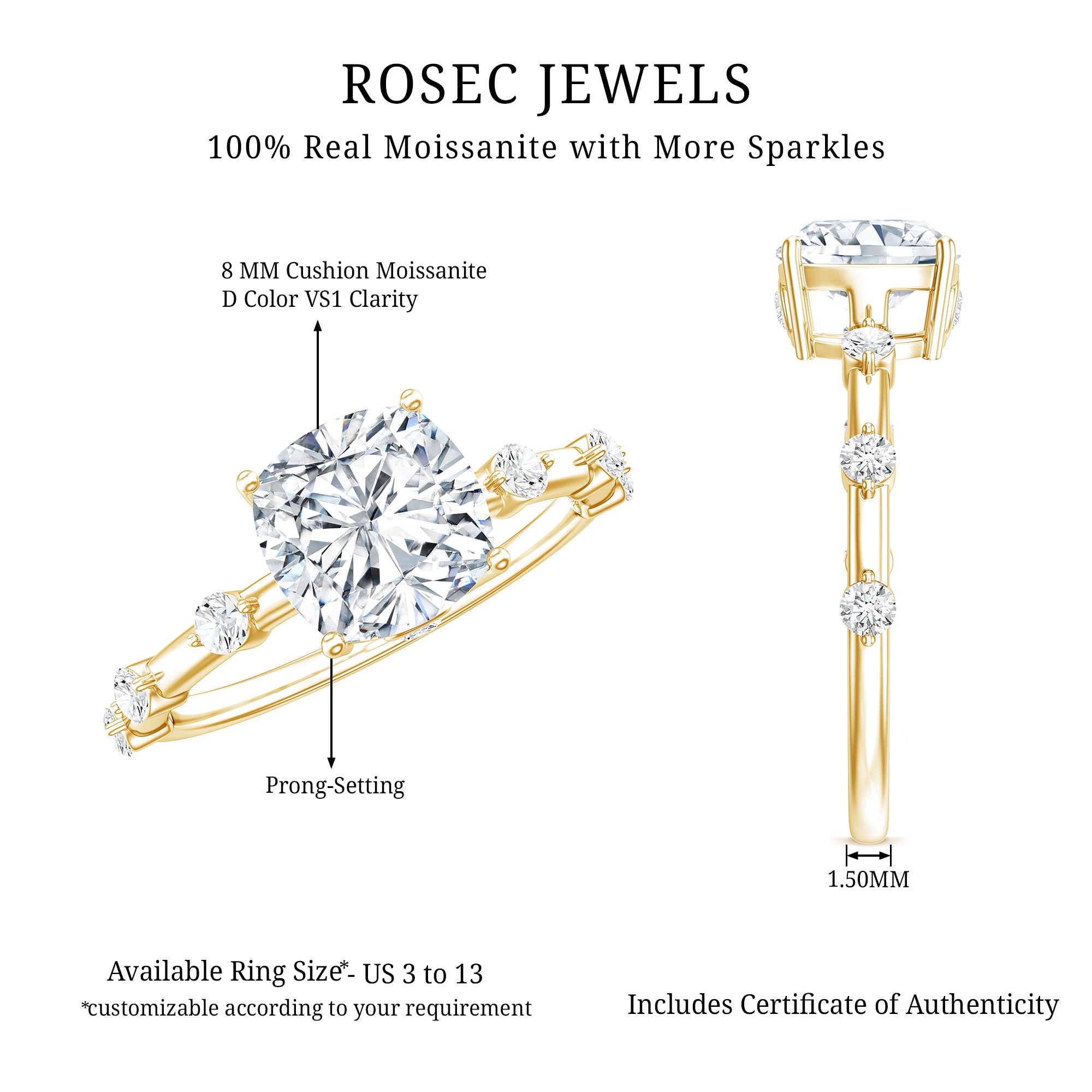 Rosec Jewels-3 Carat IGI Certified Lab Grown Diamond Cushion Cut Engagement Ring for Women