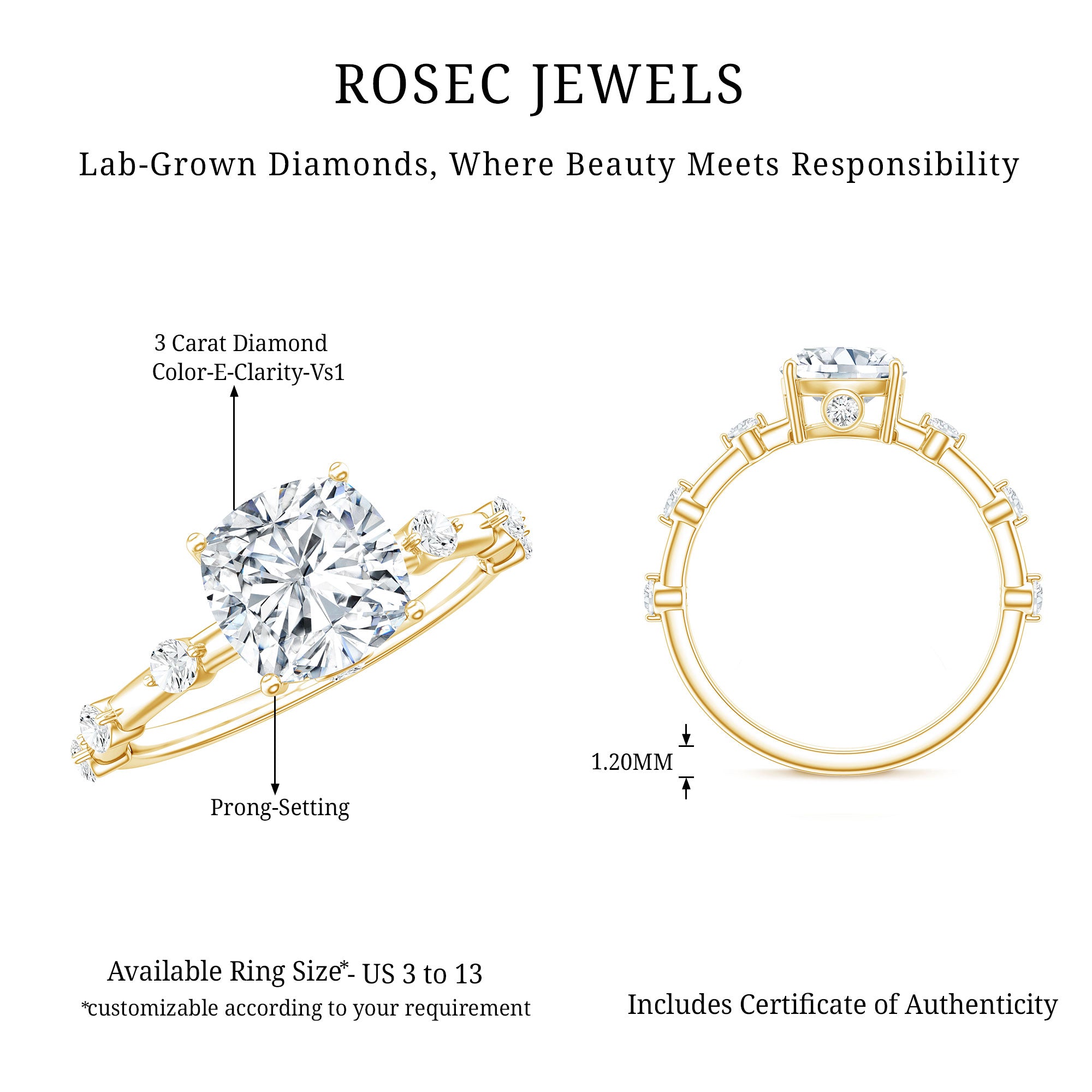 3 Carat IGI Certified Lab Grown Diamond Cushion Cut Engagement Ring for Women Lab - ( E-VS1 ) - Rosec Jewels