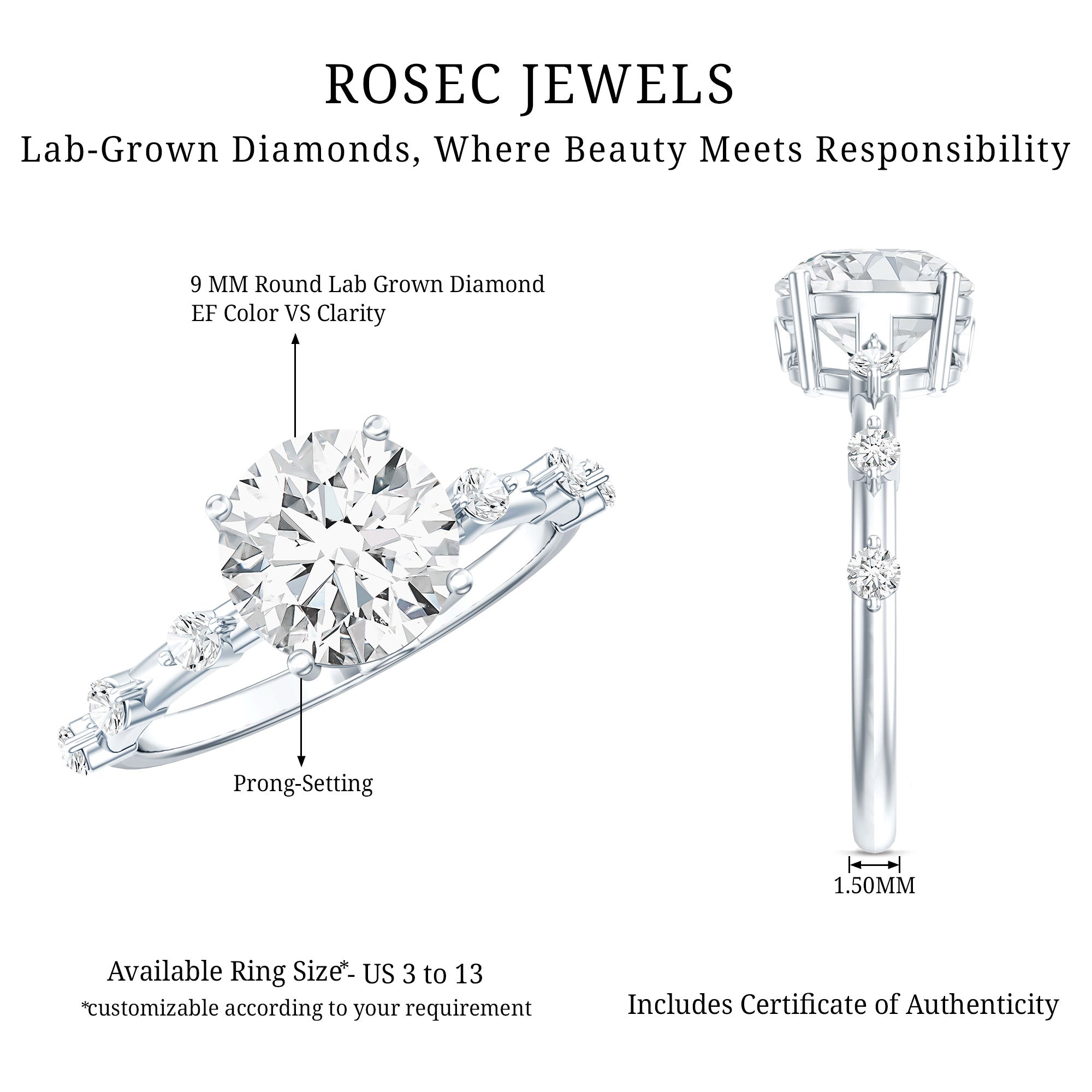 Lab Grown 4 Carat Round Diamond Solitaire Engagement Ring with IGI Certificate Lab - ( E-VS1 ) - Rosec Jewels