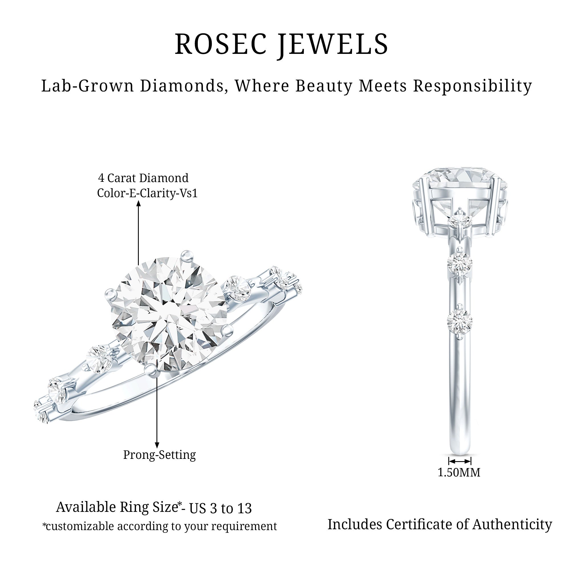 Lab Grown 4 Carat Round Diamond Solitaire Engagement Ring with IGI Certificate Lab - ( E-VS1 ) - Rosec Jewels