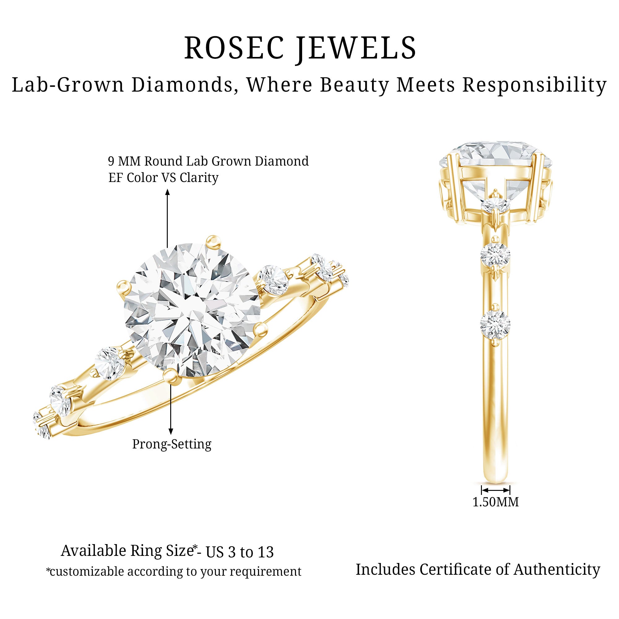 Lab Grown 4 Carat Round Diamond Solitaire Engagement Ring with IGI Certificate Lab - ( E-VS1 ) - Rosec Jewels