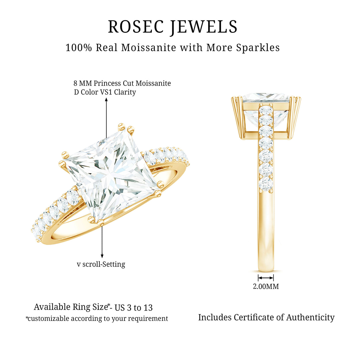 Rosec Jewels-IGI Verified Lab Grown Diamond 3 Carat Princess Cut Engagement Ring